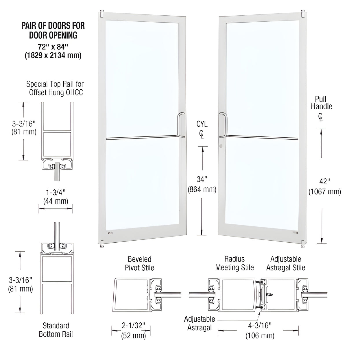 CRL-U.S. Aluminum White KYNAR® Paint Custom Pair Series 250 Narrow Stile Offset Pivot Entrance Doors for Overhead Concealed Door Closers