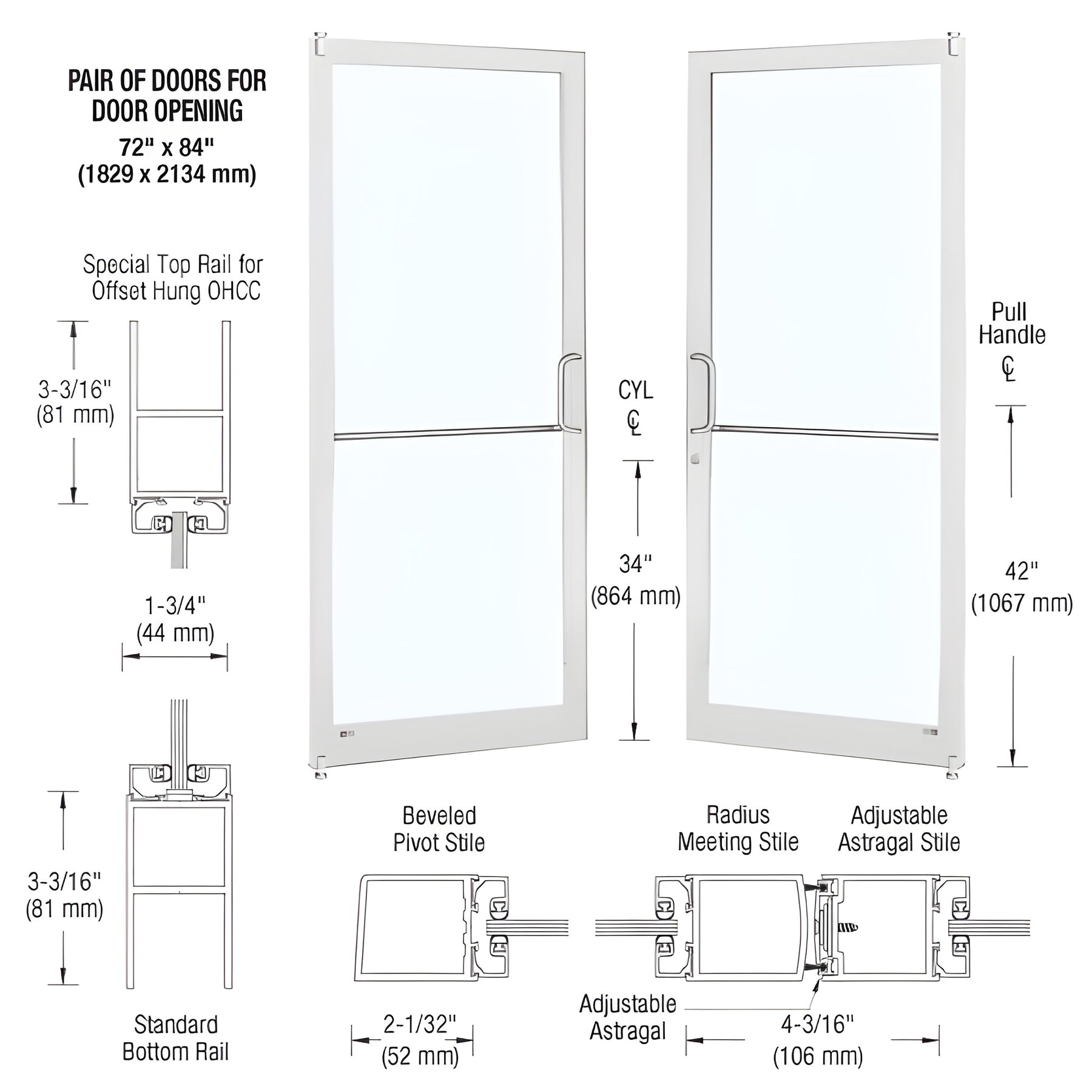 CRL-U.S. Aluminum White KYNAR® Paint Custom Pair Series 250 Narrow Stile Offset Pivot Entrance Doors for Overhead Concealed Door Closers