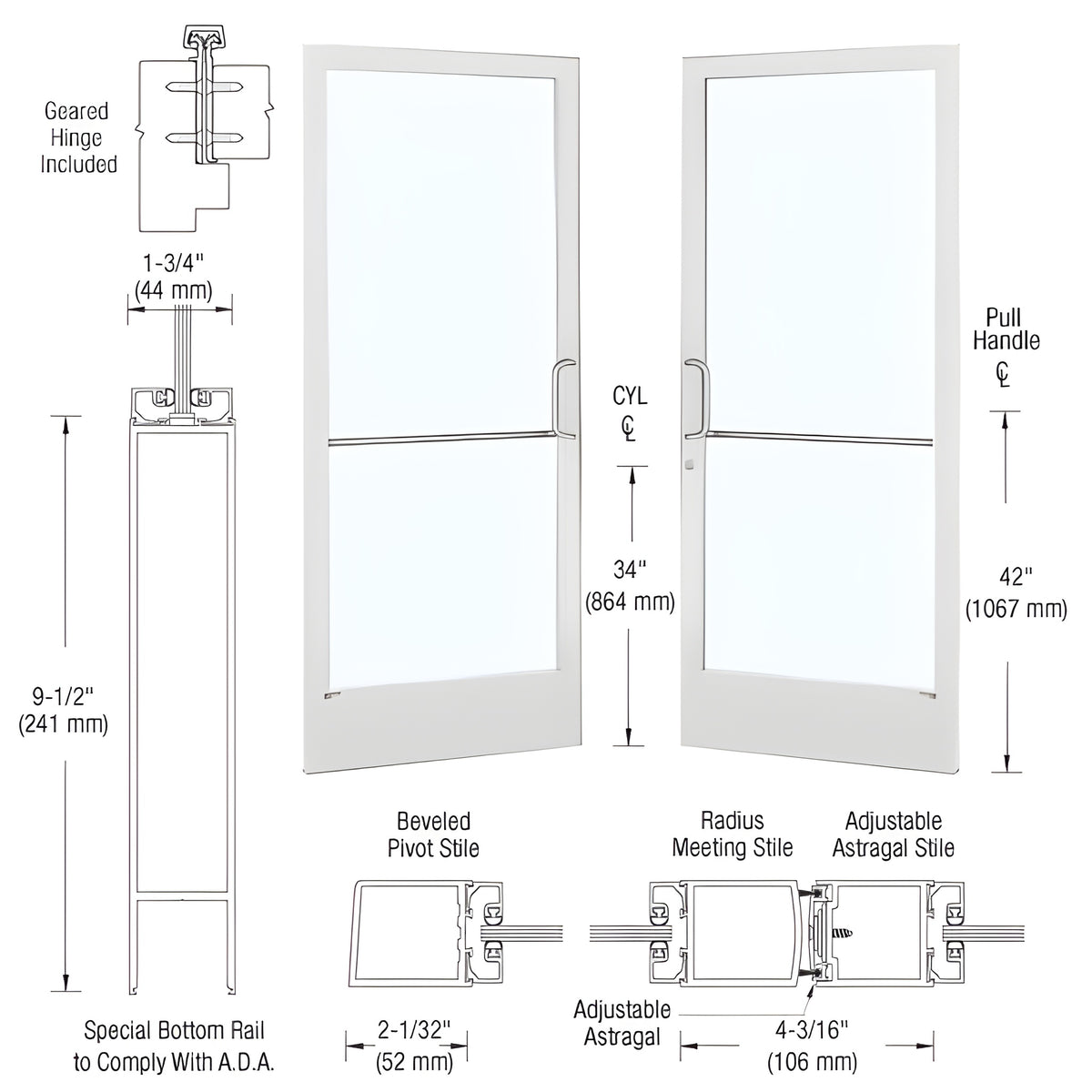 CRL-U.S. Aluminum White KYNAR® Paint Custom Pair Series 250 Narrow Stile Geared Hinge Entrance Doors With ADA Bottom Rail for Surface Mount Door Closers
