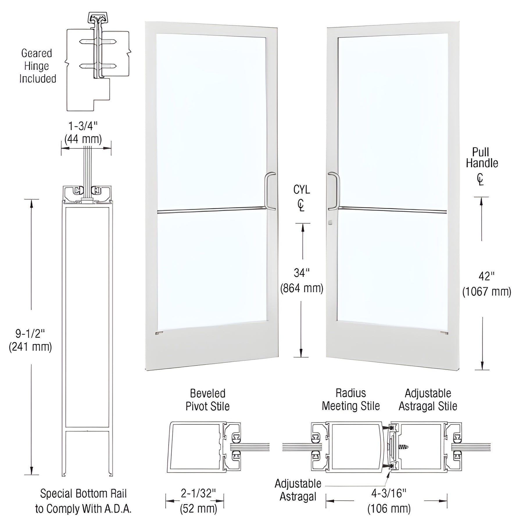 CRL-U.S. Aluminum White KYNAR® Paint Custom Pair Series 250 Narrow Stile Geared Hinge Entrance Doors With ADA Bottom Rail for Surface Mount Door Closers