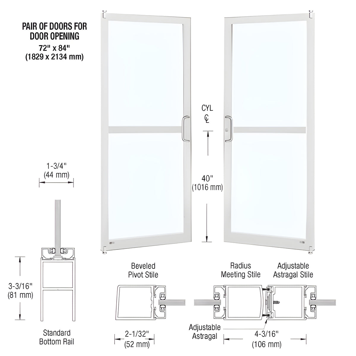 CRL-U.S. Aluminum White KYNAR® Paint Custom Pair Series 250 Narrow Stile Offset Pivot Entrance Doors For Panics for Surface Mount Door Closers