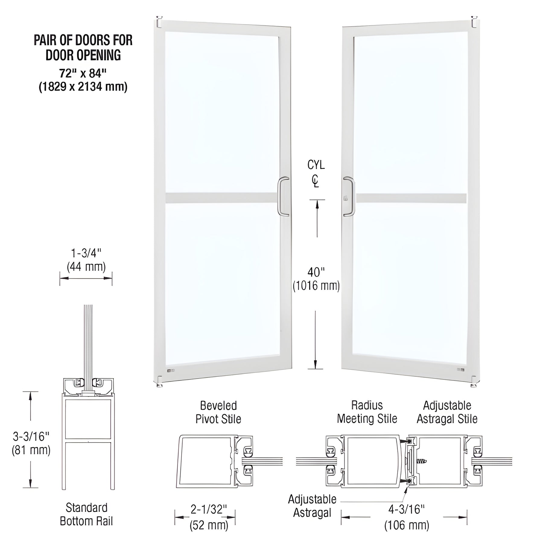 CRL-U.S. Aluminum White KYNAR® Paint Custom Pair Series 250 Narrow Stile Offset Pivot Entrance Doors For Panics for Surface Mount Door Closers