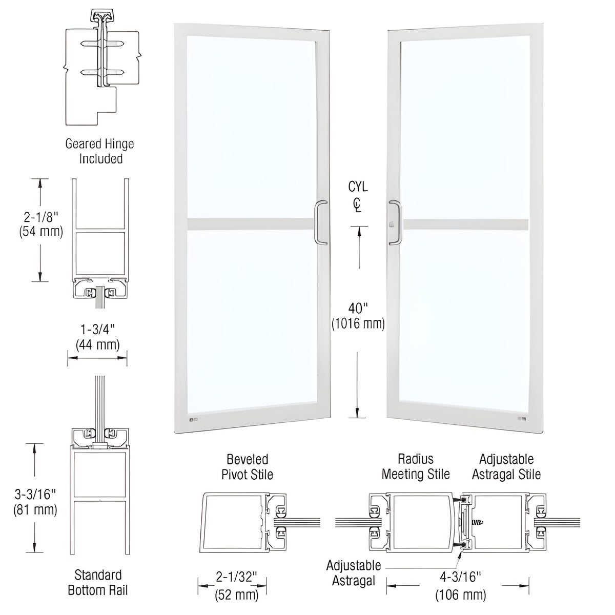 CRL-U.S. Aluminum White KYNAR® Paint Custom Pair Series 250 Narrow Stile Geared Hinge Entrance Doors For Panics and Surface Mount Door Closers