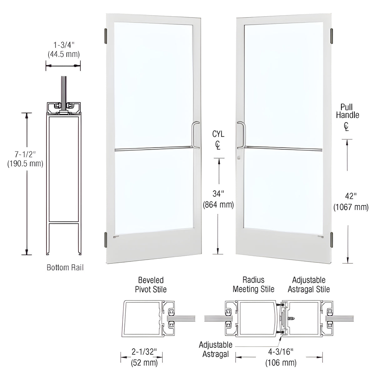 CRL-U.S. Aluminum White KYNAR® Paint Custom Pair Series 250 Narrow Stile Butt Hinge Entrance Doors for Surface Mount Door Closers
