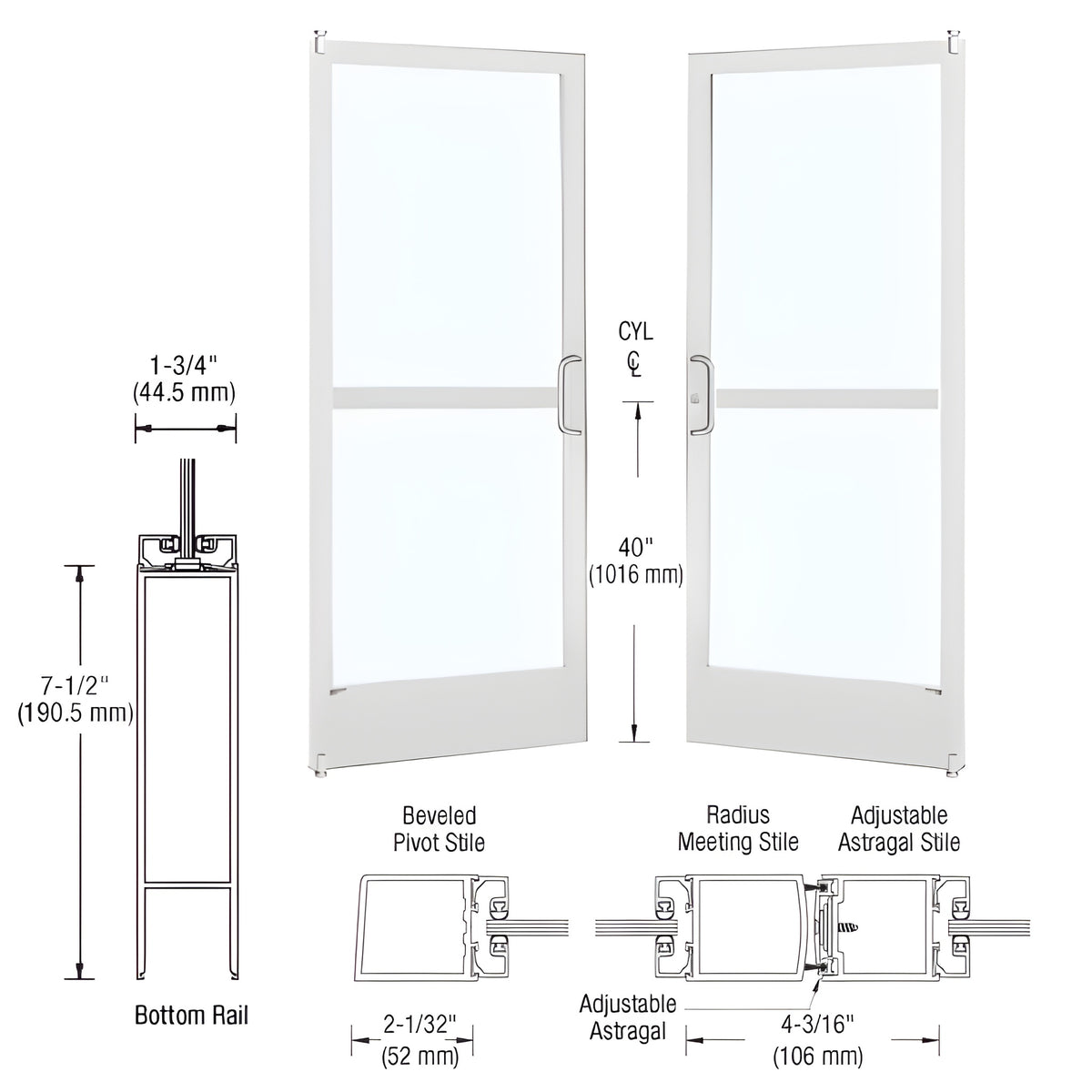 CRL-U.S. Aluminum White KYNAR® Paint Custom Pair Series 250 Narrow Stile Offset Pivot Entrance Doors With Panics for Surface Mount Door Closers