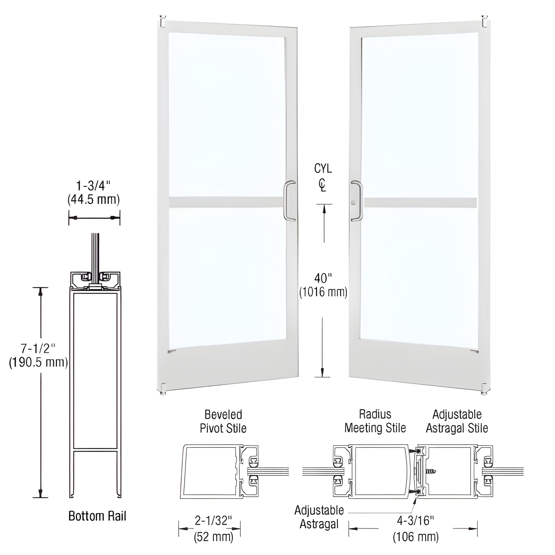 CRL-U.S. Aluminum White KYNAR® Paint Custom Pair Series 250 Narrow Stile Offset Pivot Entrance Doors With Panics for Surface Mount Door Closers
