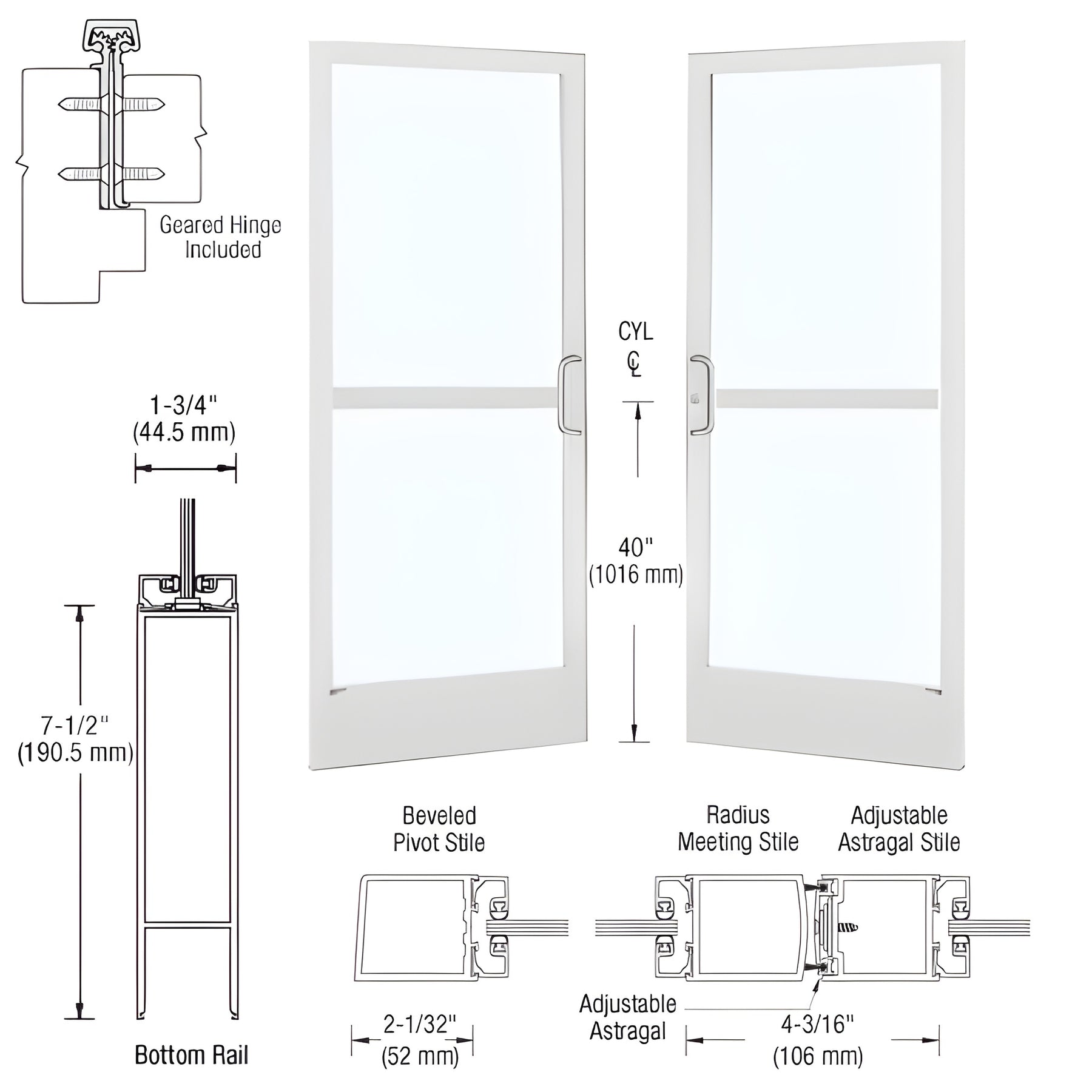 CRL-U.S. Aluminum White KYNAR® Paint Custom Pair Series 250 Narrow Stile Geared Hinge Entrance Doors With Panics for Surface Mount Door Closers