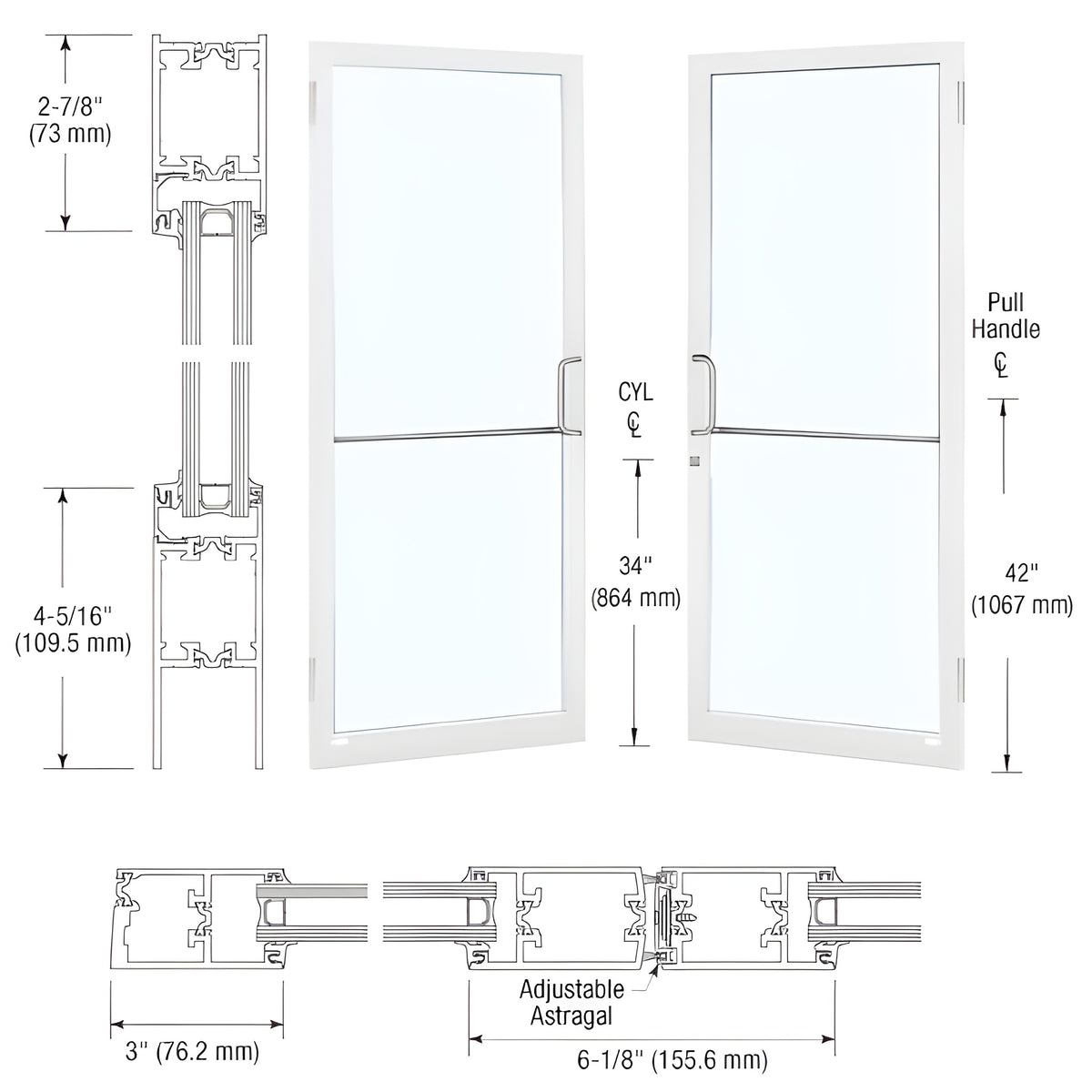 CRL-U.S. Aluminum White KYNAR® Paint Custom Pair Series 250T Narrow Stile Butt Hinge Thermal Entrance Doors for Surface Mount Door Closers