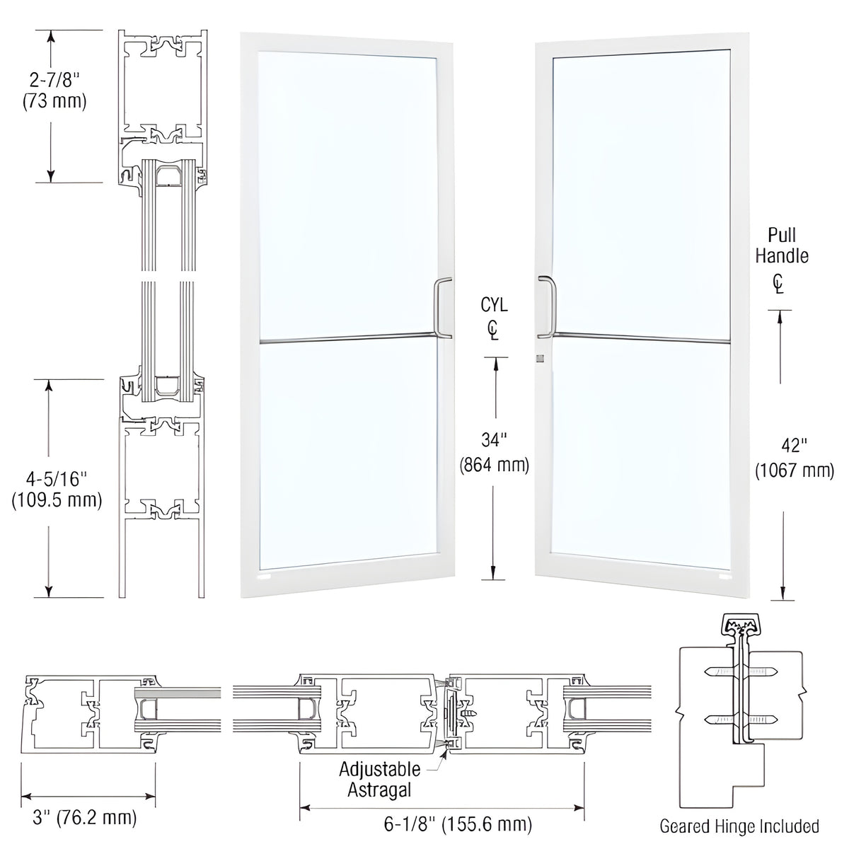 CRL-U.S. Aluminum White KYNAR® Paint Custom Pair Series 250T Narrow Stile Geared Hinge Thermal Entrance Doors for Surface Mount Door Closers