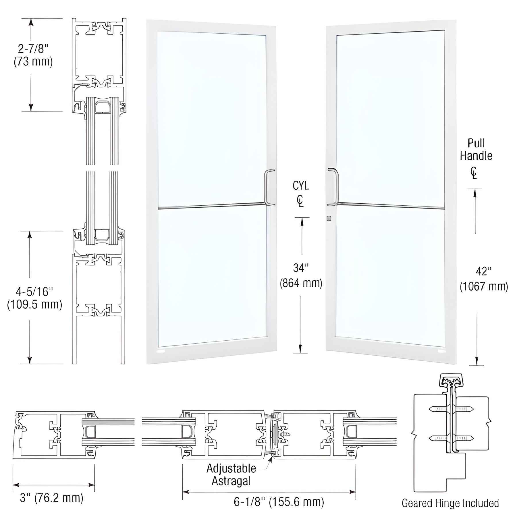 CRL-U.S. Aluminum White KYNAR® Paint Custom Pair Series 250T Narrow Stile Geared Hinge Thermal Entrance Doors for Surface Mount Door Closers