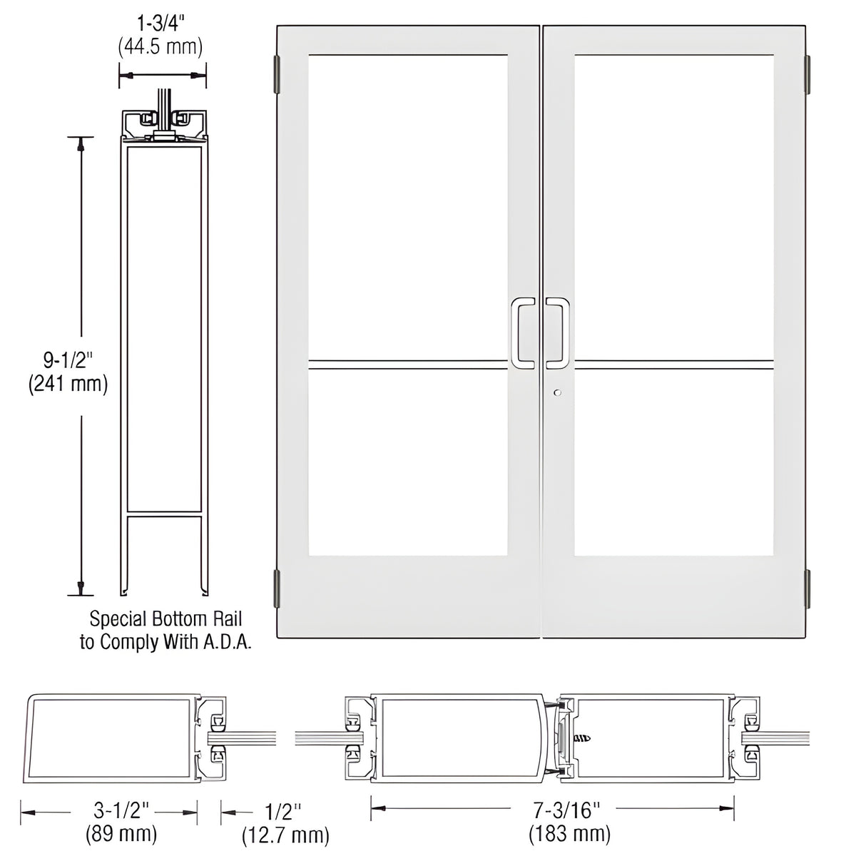 CRL-U.S. Aluminum White KYNAR® Paint Custom Pair Series 400 Medium Stile Butt Hinged Entrance Door for Surface Mount Door Closer