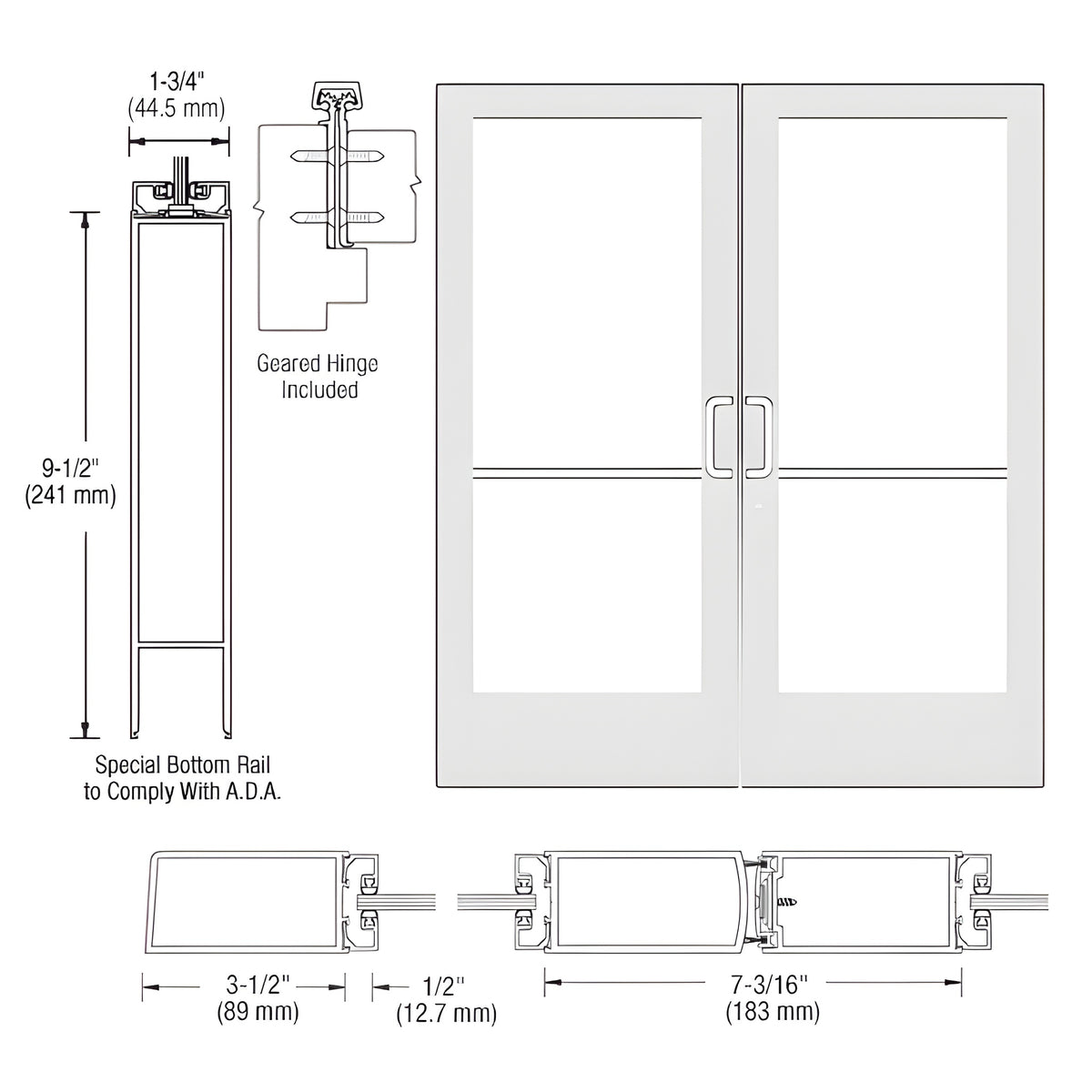 CRL-U.S. Aluminum White KYNAR® Paint Custom Pair Series 400 Medium Stile Geared Hinge Entrance Door for Surface Mount Door Closers