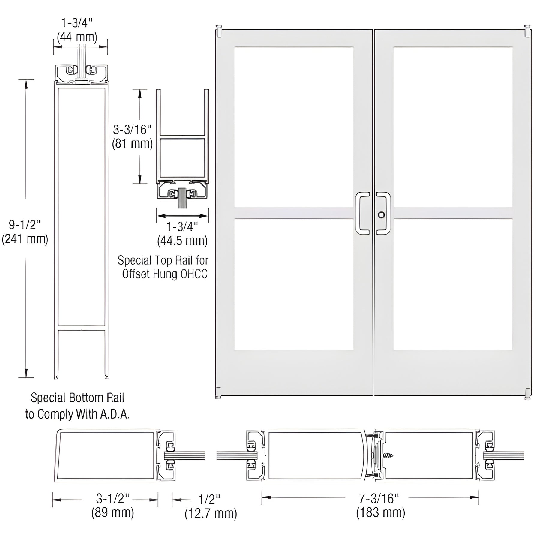 CRL-U.S. Aluminum White KYNAR® Paint Custom Pair Series 400 Medium Stile Offset Pivot Entrance Doors With Panics for Overhead Concealed Door Closers