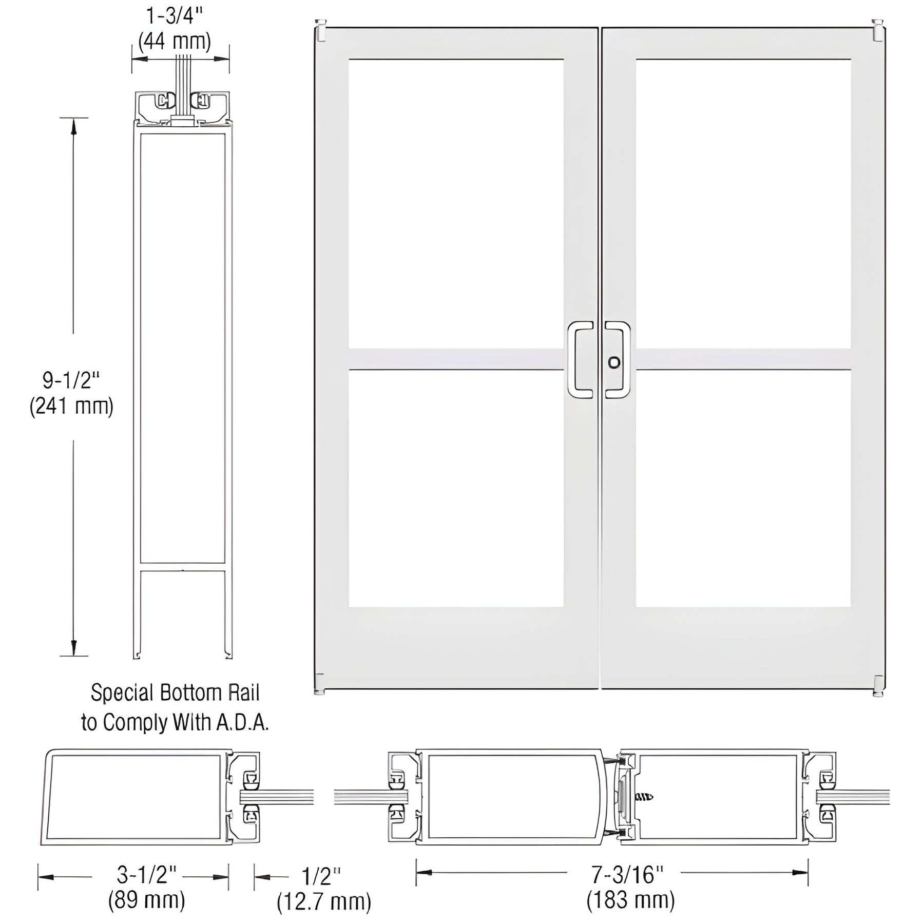 CRL-U.S. Aluminum White KYNAR® Paint Custom Pair Series 400 Medium Stile Offset Pivot Entrance Doors With Panics for Surface Mount Door Closers