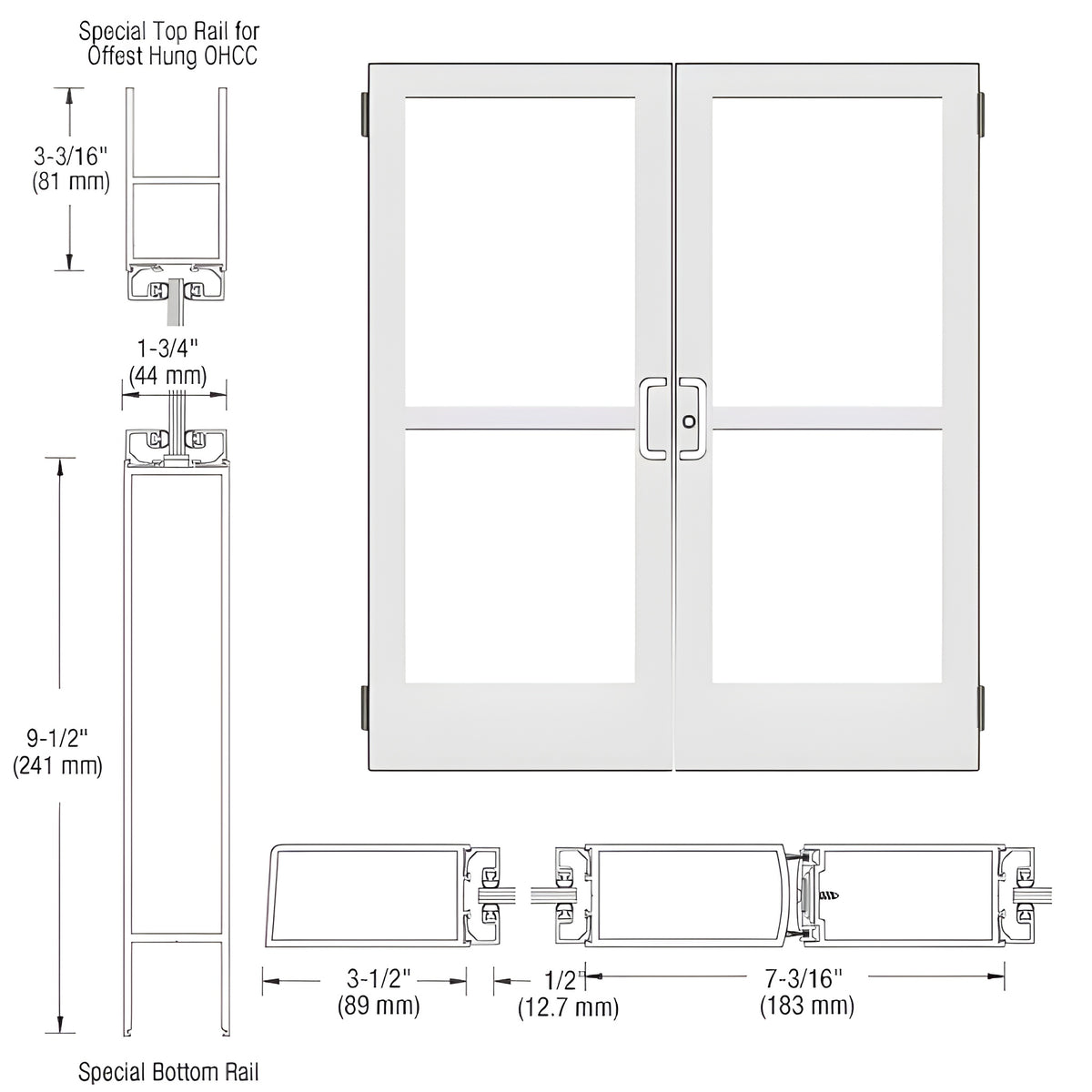 CRL-U.S. Aluminum White KYNAR® Paint Custom Pair Series 400 Medium Stile Butt Hinged Entrance Doors With Panics for Overhead Concealed Door Closers