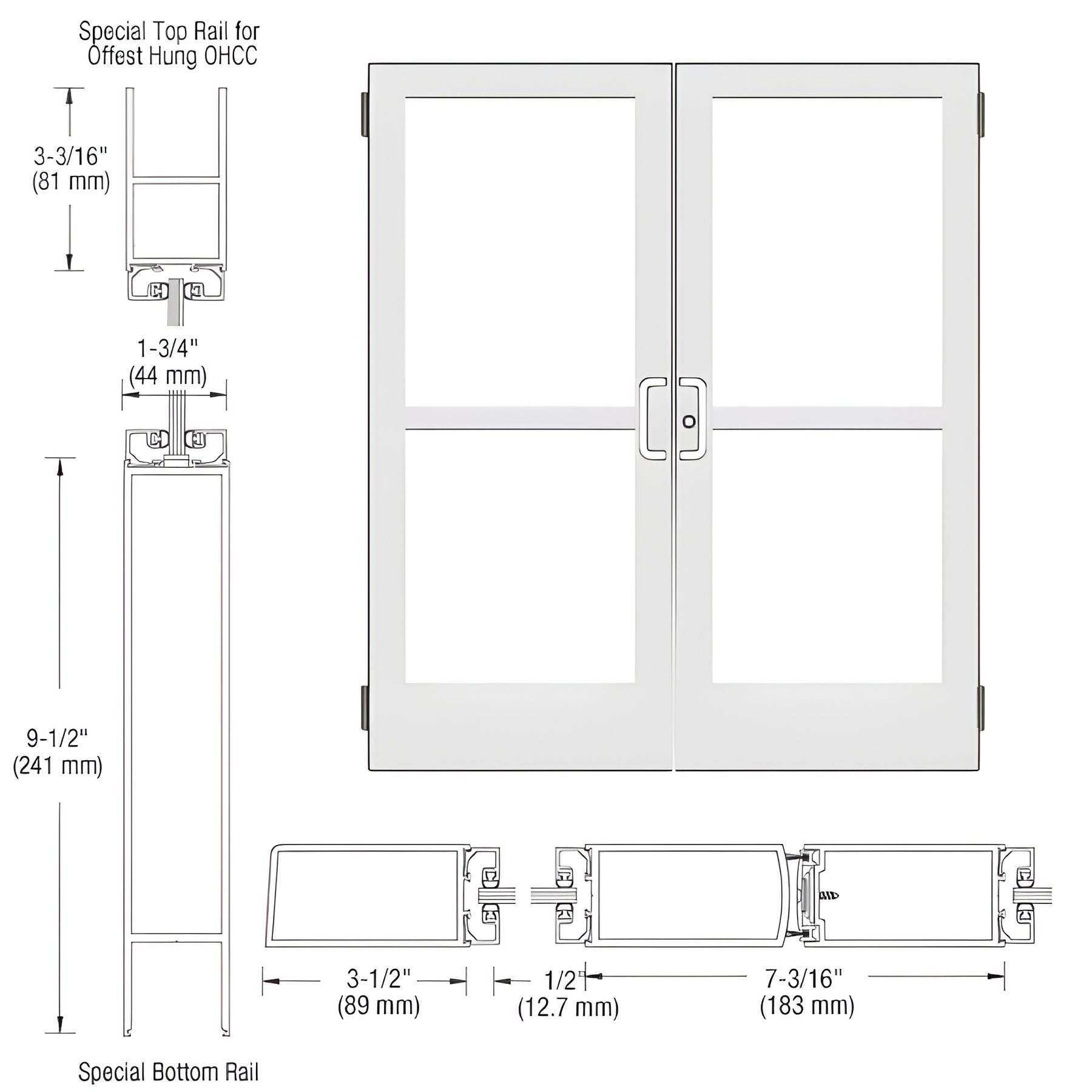 CRL-U.S. Aluminum White KYNAR® Paint Custom Pair Series 400 Medium Stile Butt Hinged Entrance Doors With Panics for Overhead Concealed Door Closers