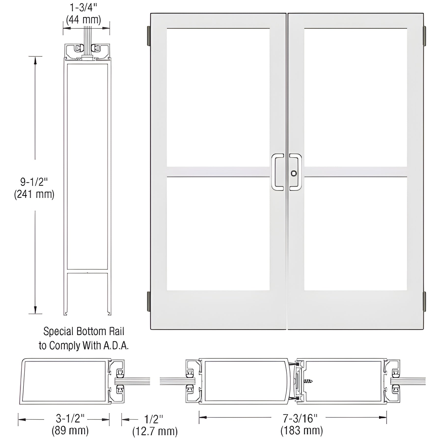 CRL-U.S. Aluminum White KYNAR® Paint Custom Pair Series 400 Medium Stile Butt Hinged Entrance Doors With Panics for Surface Mount Door Closers