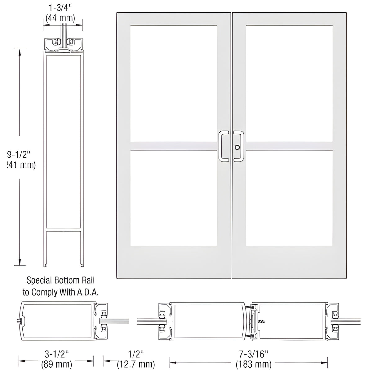 CRL-U.S. Aluminum White KYNAR® Paint Custom Pair Series 400 Medium Stile Center Pivot Entrance Doors With Panics for Overhead Concealed Door Closers