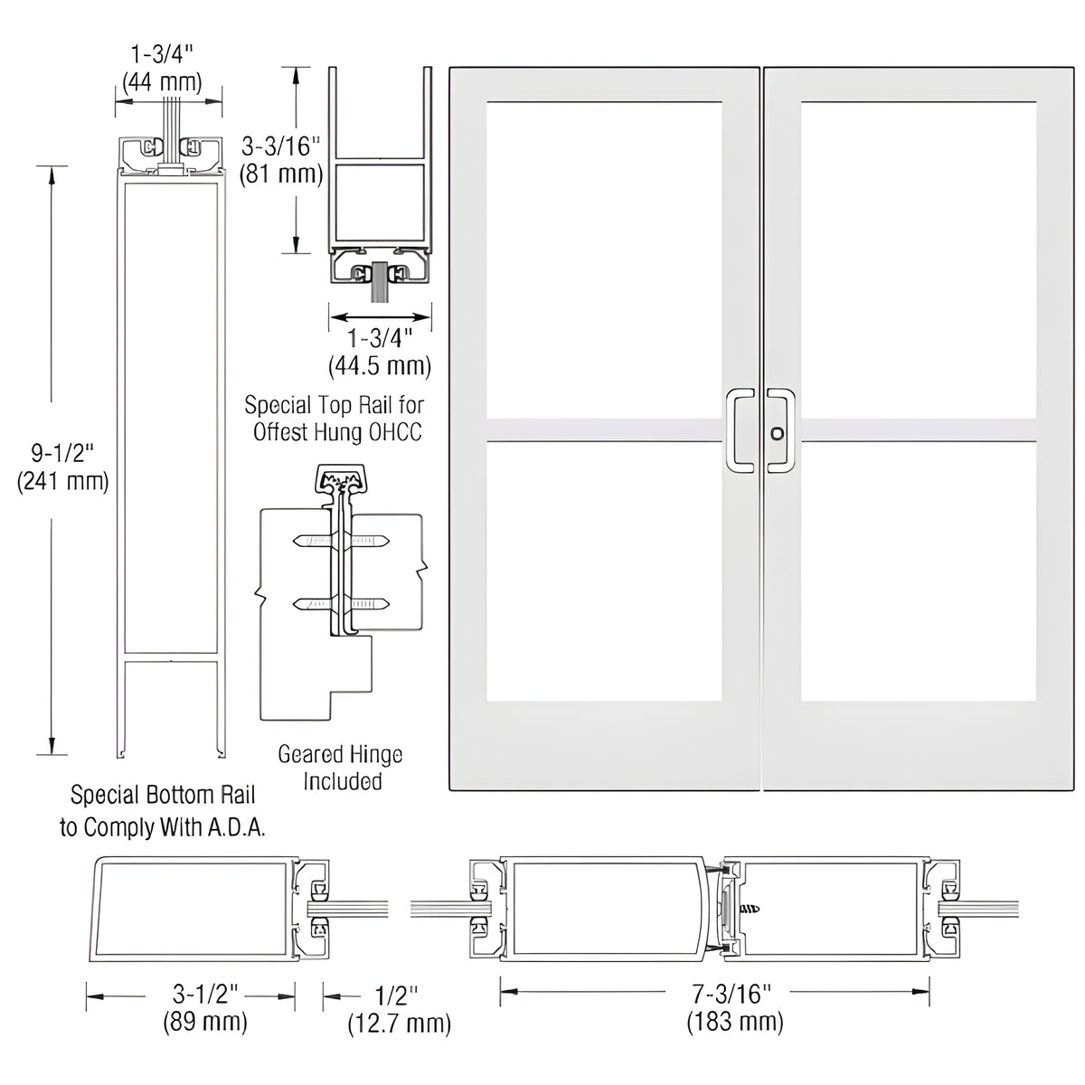 CRL-U.S. Aluminum White KYNAR® Paint Custom Pair Series 400 Medium Stile Geared Hinge Entrance Doors With Panics for Overhead Concealed Door Closers