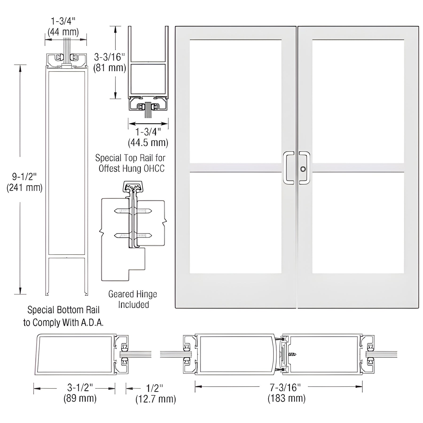 CRL-U.S. Aluminum White KYNAR® Paint Custom Pair Series 400 Medium Stile Geared Hinge Entrance Doors With Panics for Overhead Concealed Door Closers