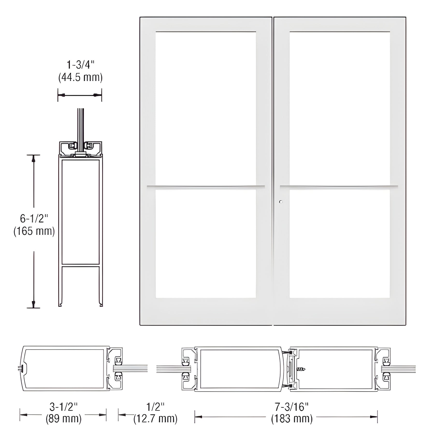 CRL-U.S. Aluminum White KYNAR® Paint Custom Pair Series 400 Medium Stile Center Pivot Entrance Doors for Overhead Concealed Door Closers