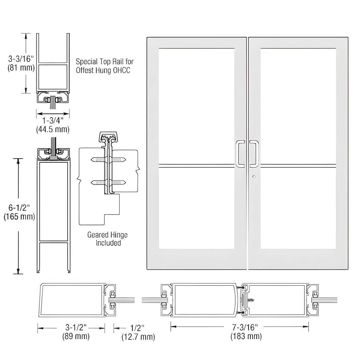 CRL-U.S. Aluminum White KYNAR® Paint Custom Pair Series 400 Medium Stile Geared Hinge Entrance Doors for Overhead Concealed Door Closers
