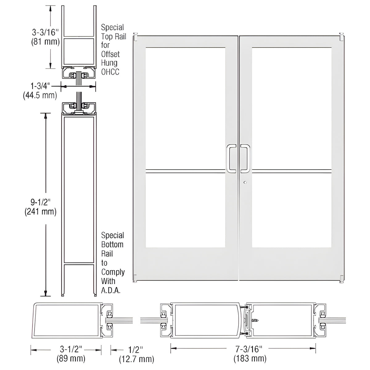 CRL-U.S. Aluminum White KYNAR® Paint Custom Pair Series 400 Medium Stile Offset Pivot Entrance Doors for Overhead Concealed Door Closers