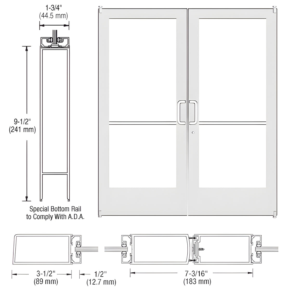 CRL-U.S. Aluminum White KYNAR® Paint Custom Pair Series 400 Medium Stile Offset Pivot Entrance Doors for Surface Mount Door Closer