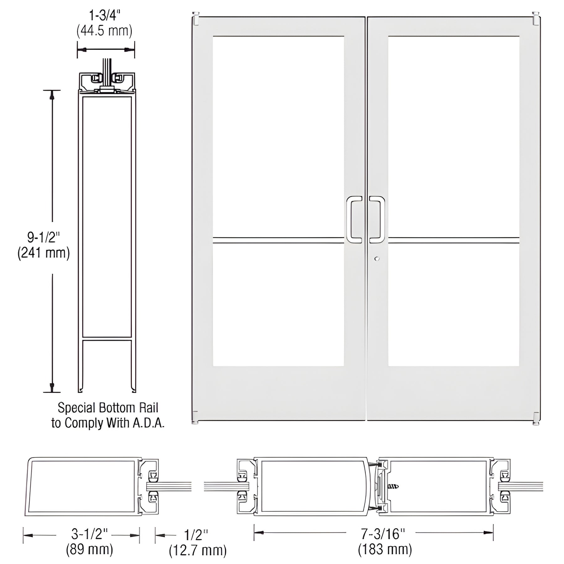 CRL-U.S. Aluminum White KYNAR® Paint Custom Pair Series 400 Medium Stile Offset Pivot Entrance Doors for Surface Mount Door Closer