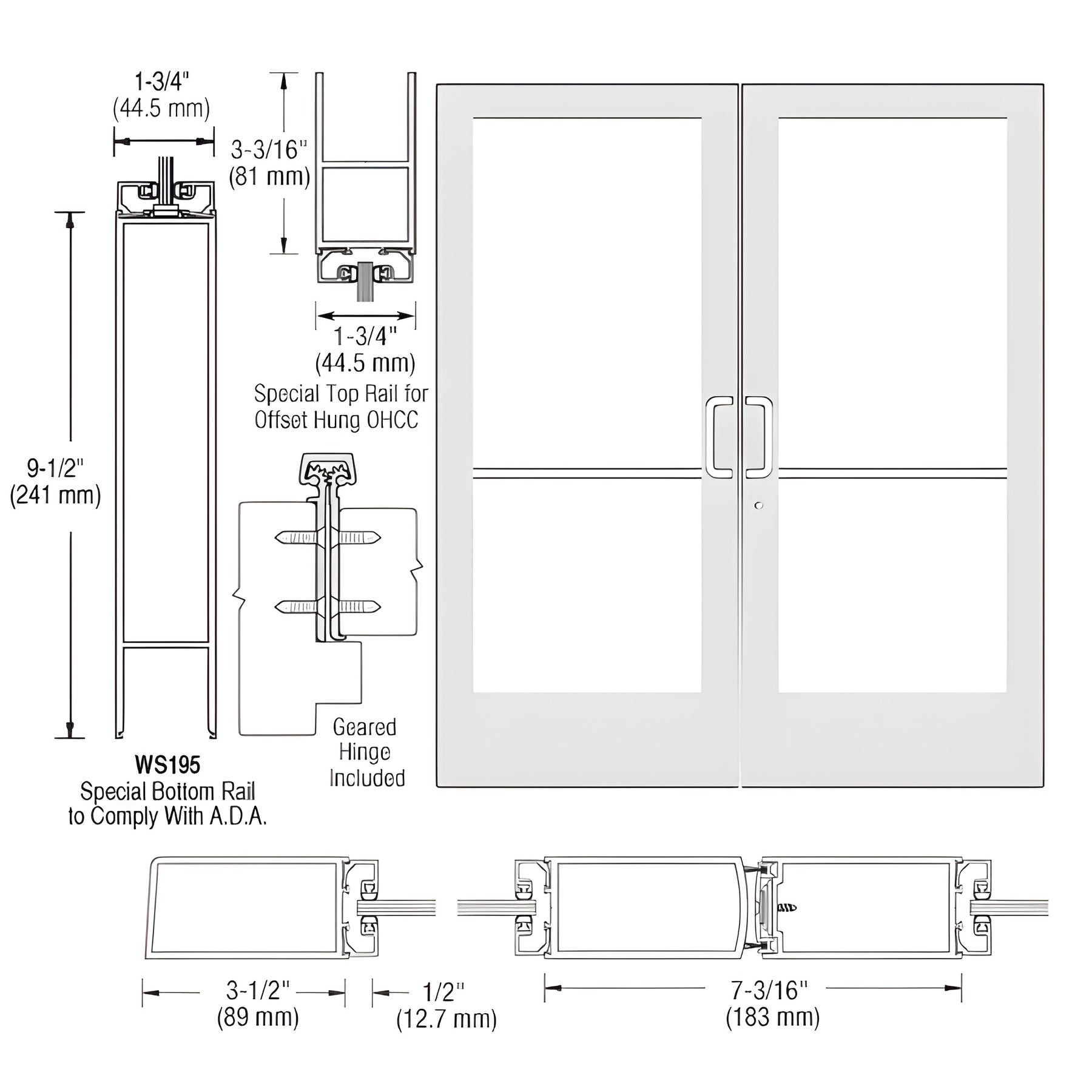 CRL-U.S. Aluminum White KYNAR® Paint Custom Pair Series 400 Medium Stile Offset Hung Geared Hinge Entrance Doors for Overhead Concealed Door Closers