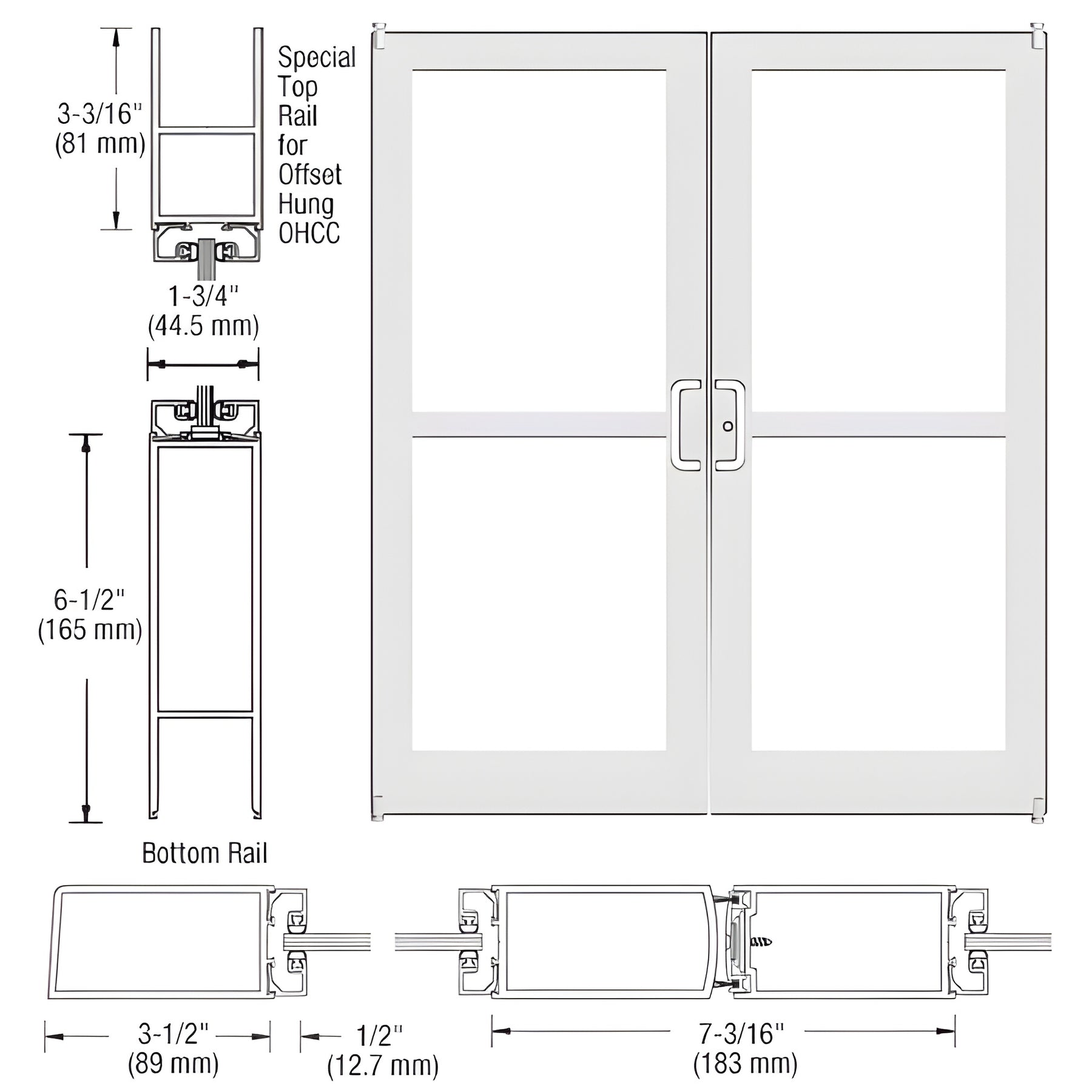 CRL-U.S. Aluminum White KYNAR® Paint Custom Pair Series 400 Medium Stile Offset Pivot Entrance Doors For Panics and Overhead Concealed Door Closers