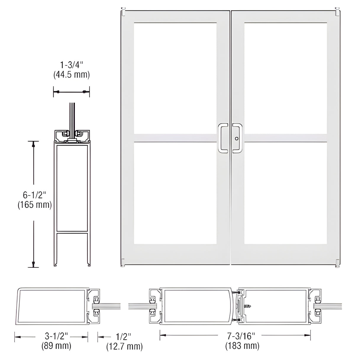 CRL-U.S. Aluminum White KYNAR® Paint Custom Pair Series 400 Medium Stile Offset Pivot Entrance Doors For Panics for Surface Mount Door Closers