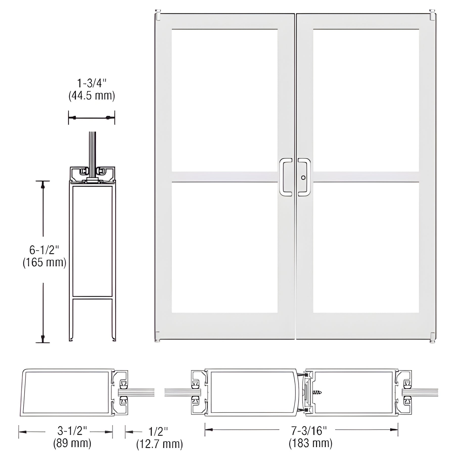 CRL-U.S. Aluminum White KYNAR® Paint Custom Pair Series 400 Medium Stile Offset Pivot Entrance Doors For Panics for Surface Mount Door Closers