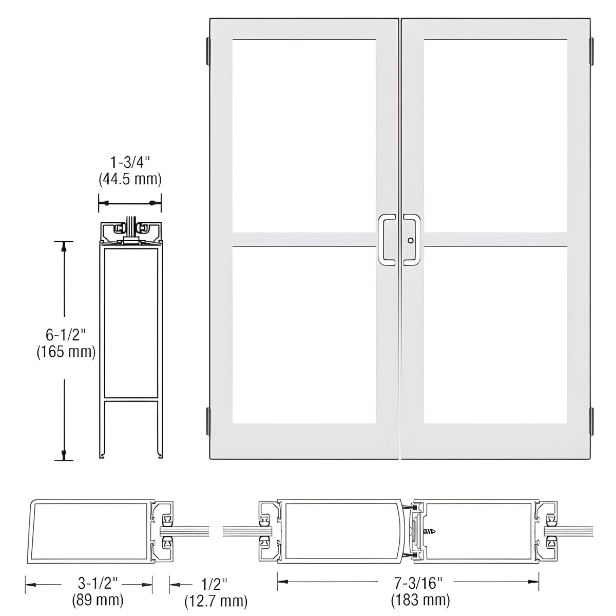 CRL-U.S. Aluminum White KYNAR® Paint Custom Pair Series 400 Medium Stile Butt Hinged Entrance Door With Panics for Surface Mount Door Closers