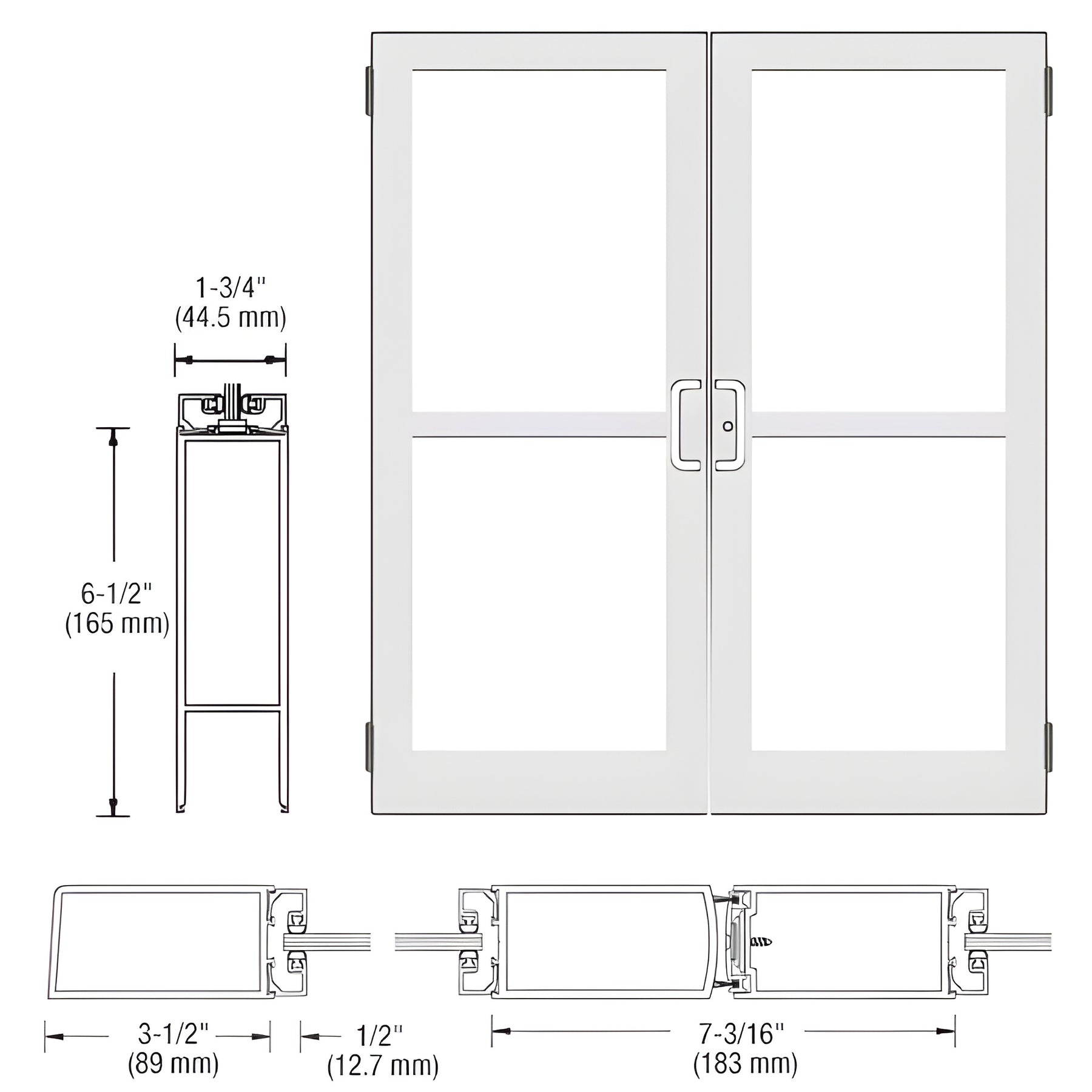 CRL-U.S. Aluminum White KYNAR® Paint Custom Pair Series 400 Medium Stile Butt Hinged Entrance Door With Panics for Surface Mount Door Closers