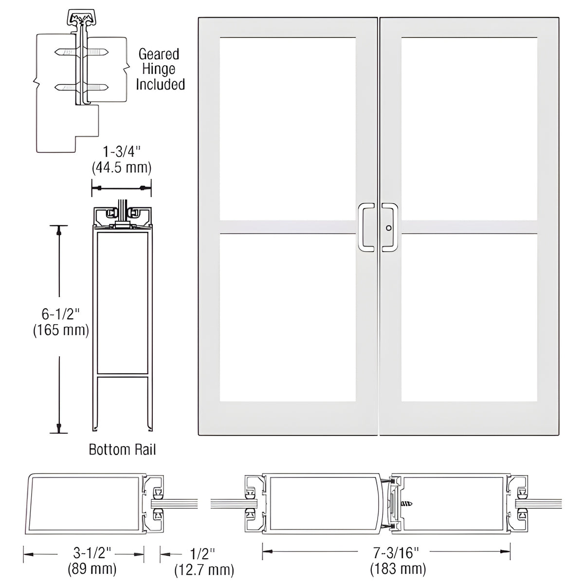 CRL-U.S. Aluminum White KYNAR® Paint Custom Pair Series 400 Medium Stile Offset Hung Geared Hinge Entrance Doors for Panics and Surface Mount Door Closers