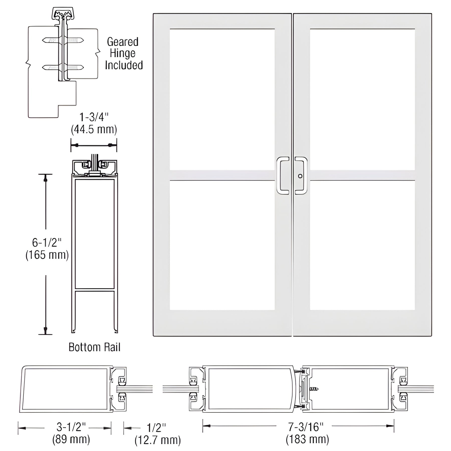 CRL-U.S. Aluminum White KYNAR® Paint Custom Pair Series 400 Medium Stile Offset Hung Geared Hinge Entrance Doors for Panics and Surface Mount Door Closers