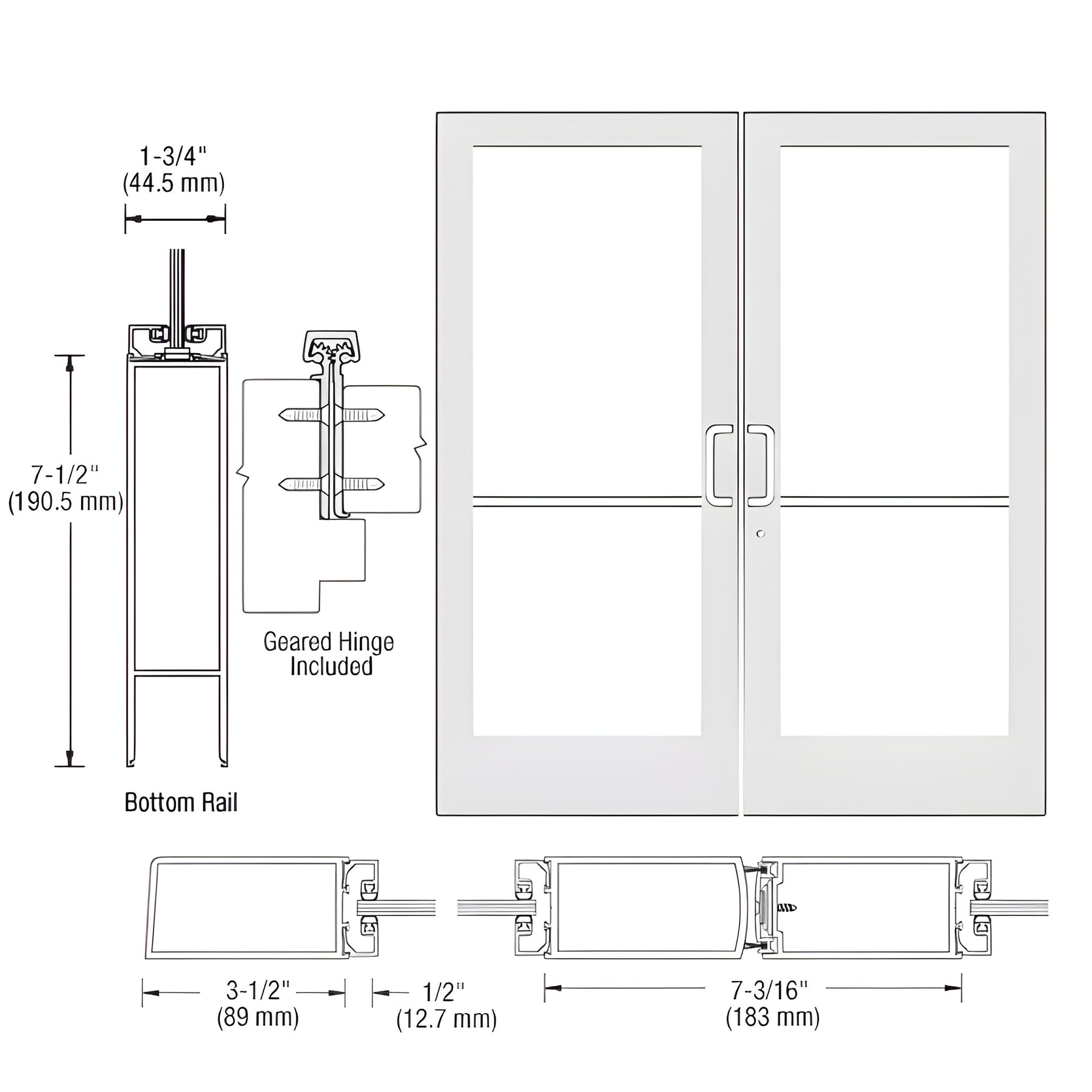 CRL-U.S. Aluminum White KYNAR® Paint Custom Pair Series 400 Medium Stile Geared Hinge Entrance Door for Surface Mount Door Closers