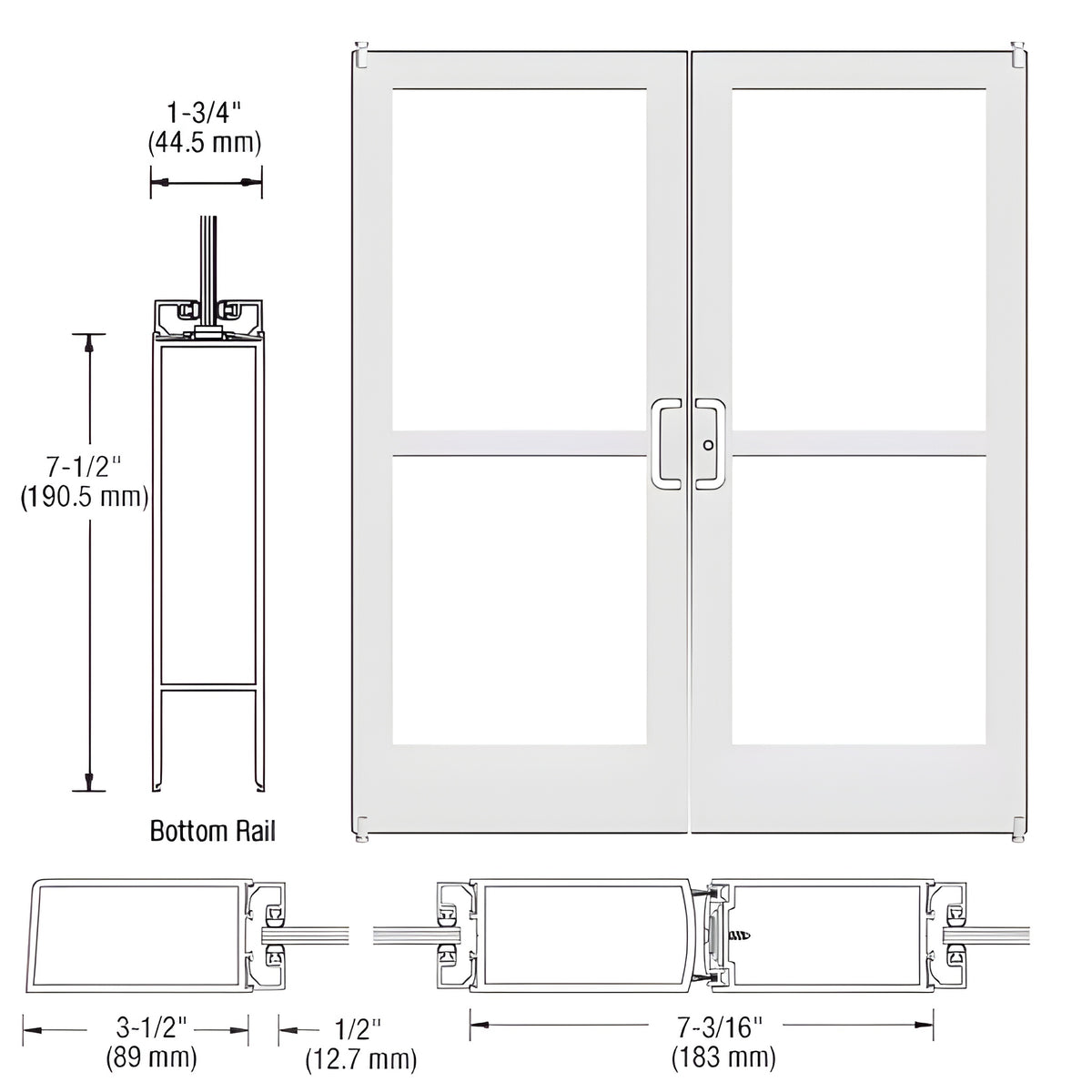 CRL-U.S. Aluminum White KYNAR® Paint Custom Pair Series 400 Medium Stile Offset Pivot Entrance Doors With Panics for Surface Mount Door Closers