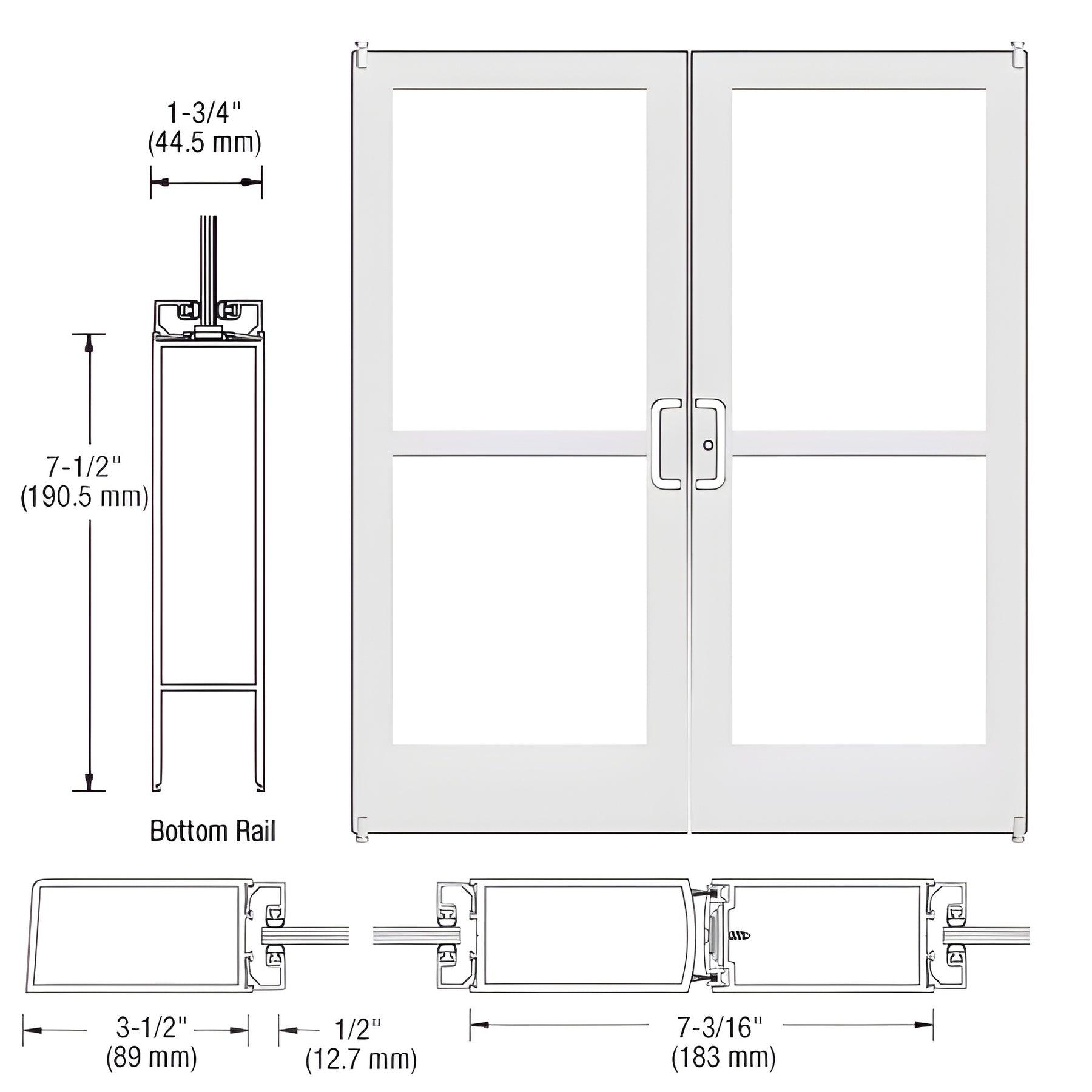 CRL-U.S. Aluminum White KYNAR® Paint Custom Pair Series 400 Medium Stile Offset Pivot Entrance Doors With Panics for Surface Mount Door Closers