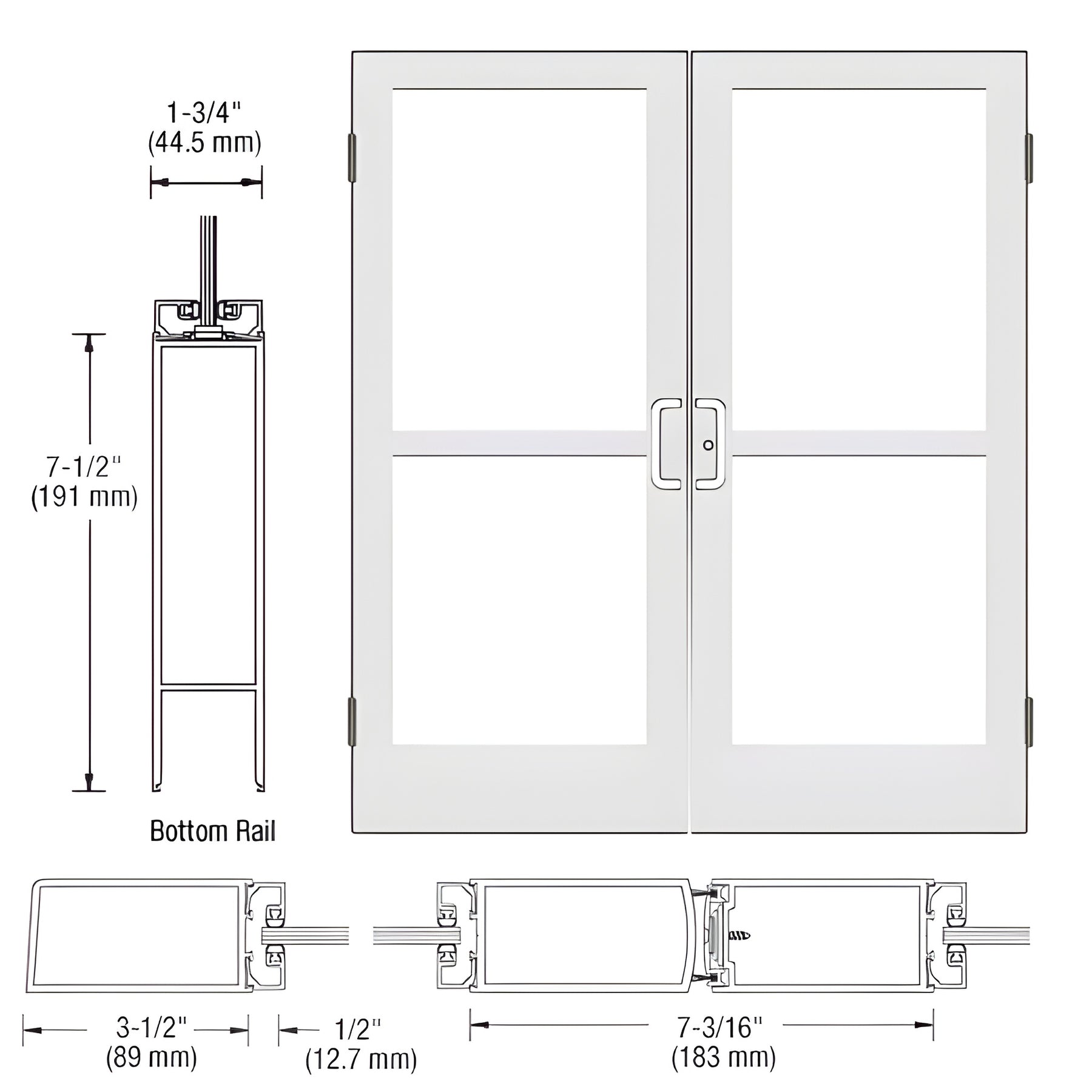 CRL-U.S. Aluminum White KYNAR® Paint Custom Pair Series 400 Medium Stile Butt Hinged Entrance Doors With Panics for Surface Mount Door Closers