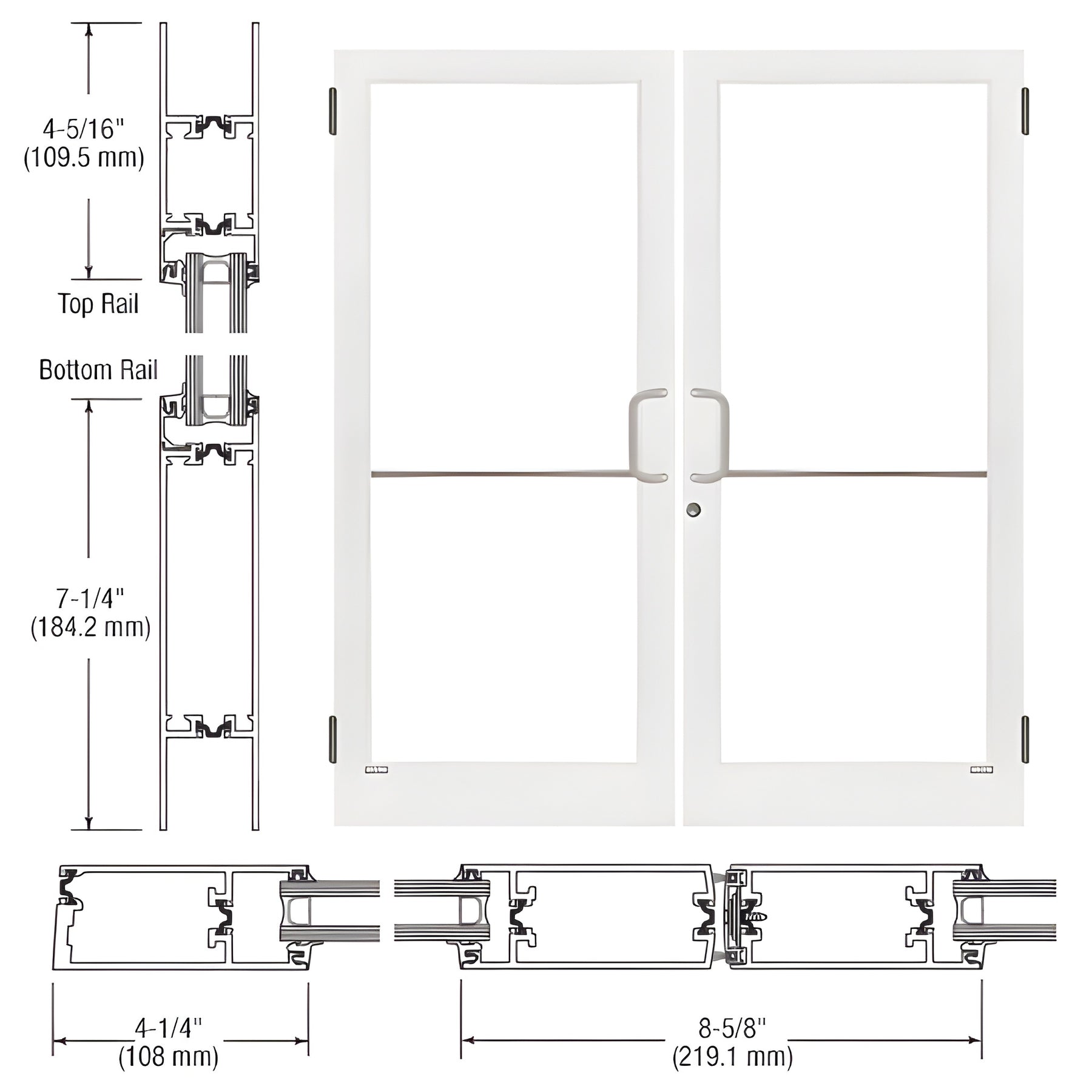 CRL-U.S. Aluminum White KYNAR® Paint Custom Pair Series 400T Thermal Medium Stile Butt Hinge Entrance Door for Overhead Concealed Door Closers