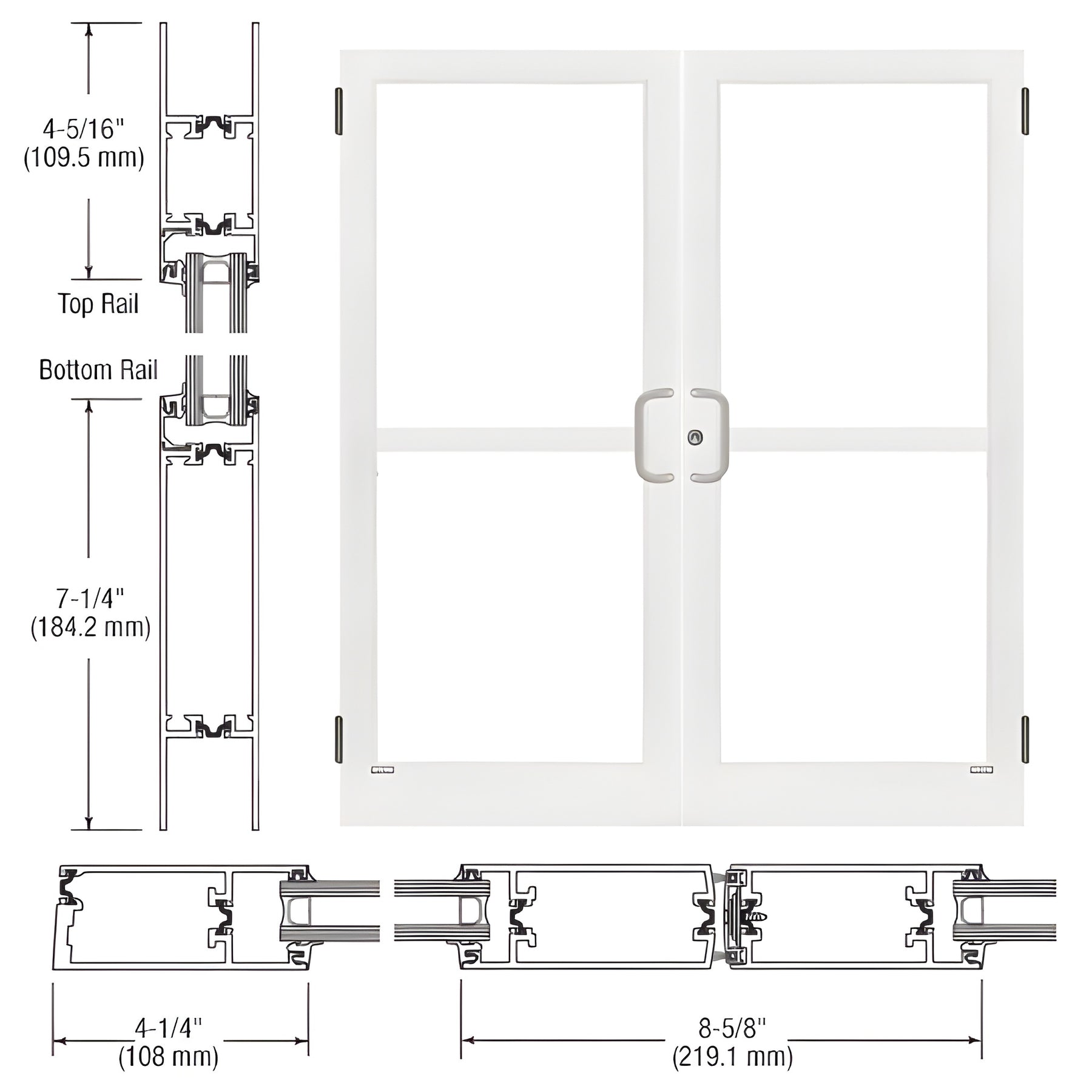 CRL-U.S. Aluminum White KYNAR® Paint Custom Pair Series 400T Thermal Medium Stile Butt Hinge Entrance Doors with Panics for Surface Mount Door Closers