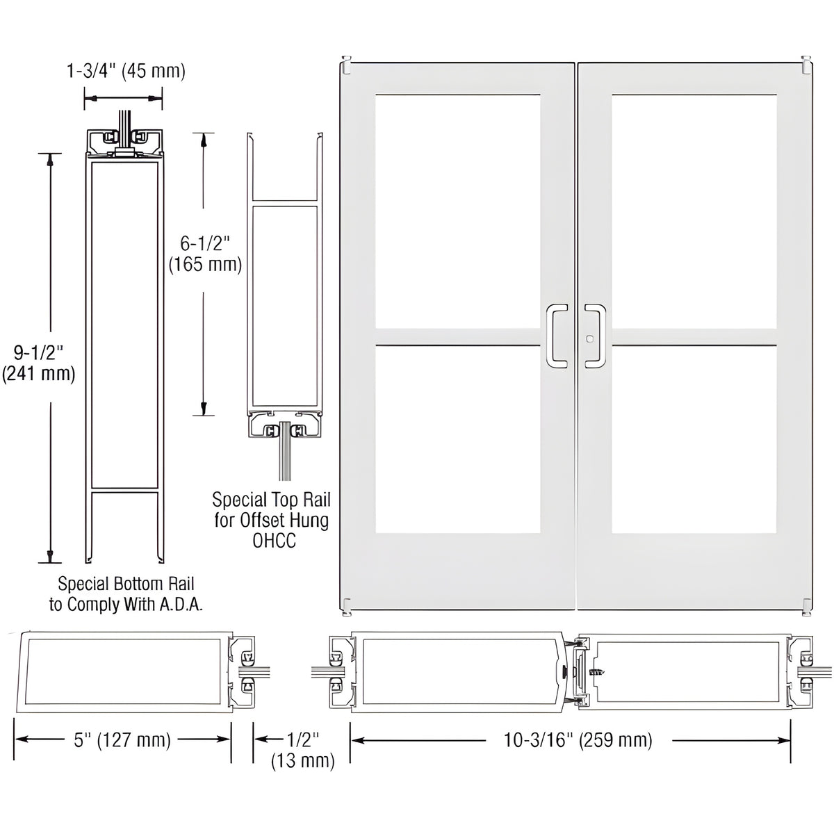 CRL-U.S. Aluminum White KYNAR® Paint Custom Pair Series 550 Wide Stile Offset Pivot Entrance Door With Panics for Overhead Concealed Door Closers