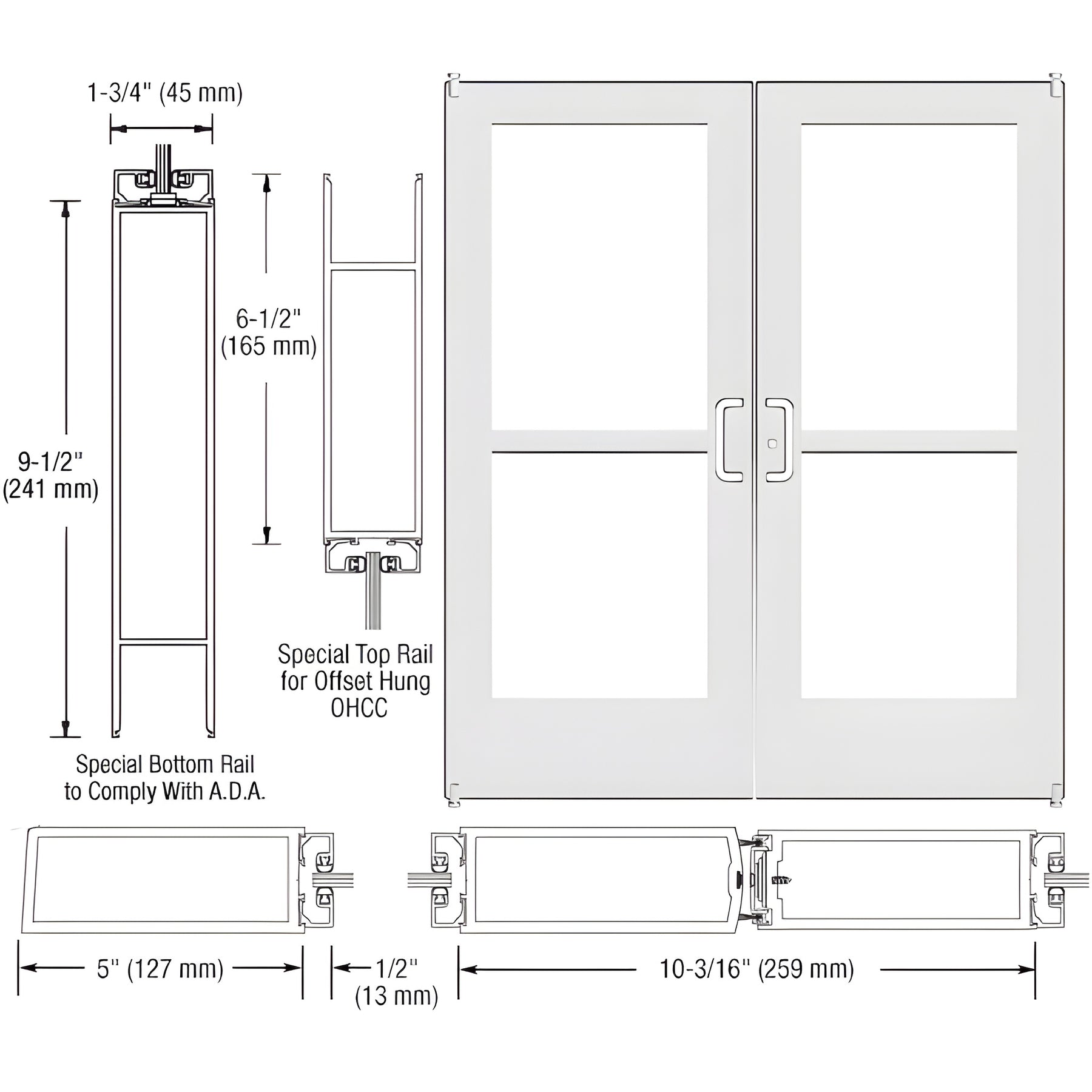 CRL-U.S. Aluminum White KYNAR® Paint Custom Pair Series 550 Wide Stile Offset Pivot Entrance Door With Panics for Overhead Concealed Door Closers