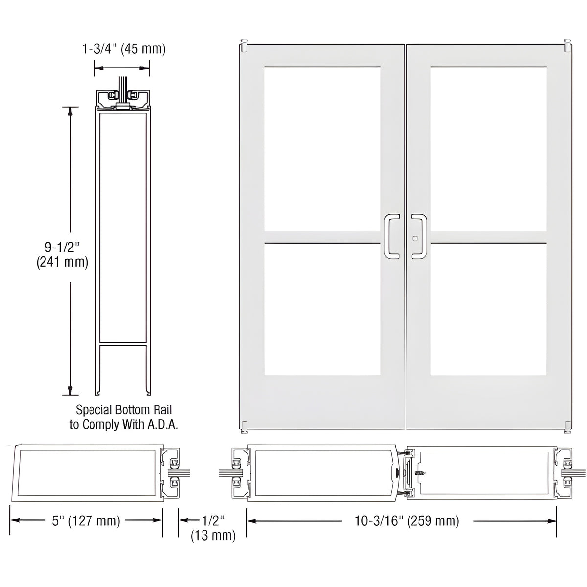CRL-U.S. Aluminum White KYNAR® Paint Custom Pair Series 550 Wide Stile Offset Pivot Entrance Door With Panics for Surface Mount Door Closers