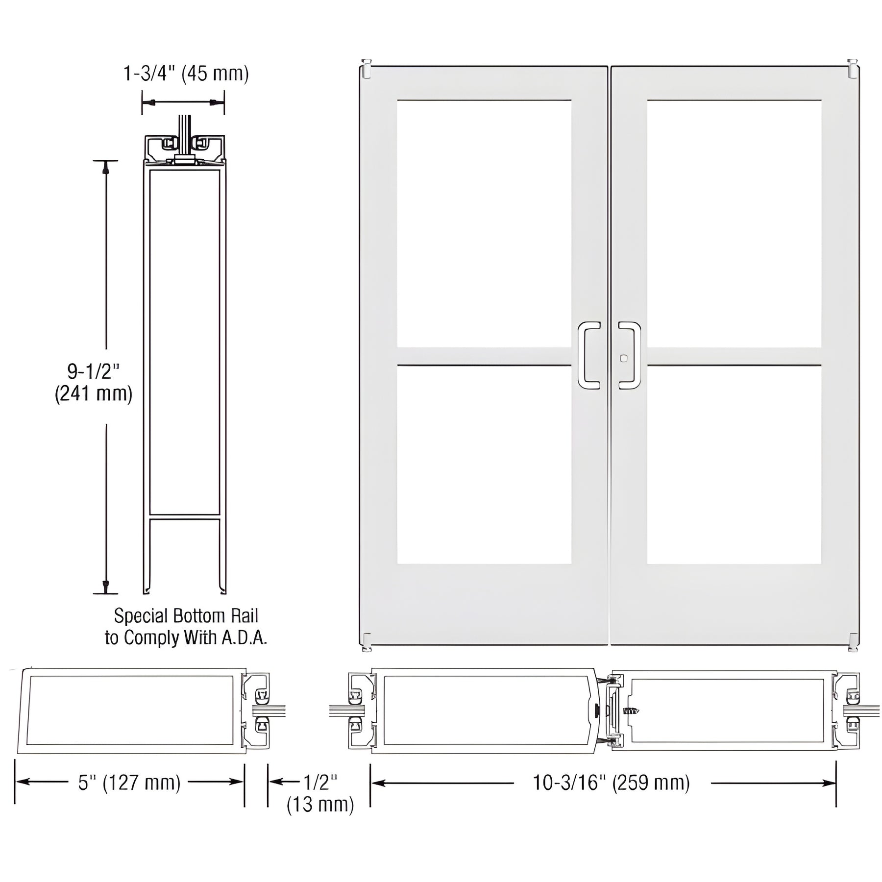 CRL-U.S. Aluminum White KYNAR® Paint Custom Pair Series 550 Wide Stile Offset Pivot Entrance Door With Panics for Surface Mount Door Closers