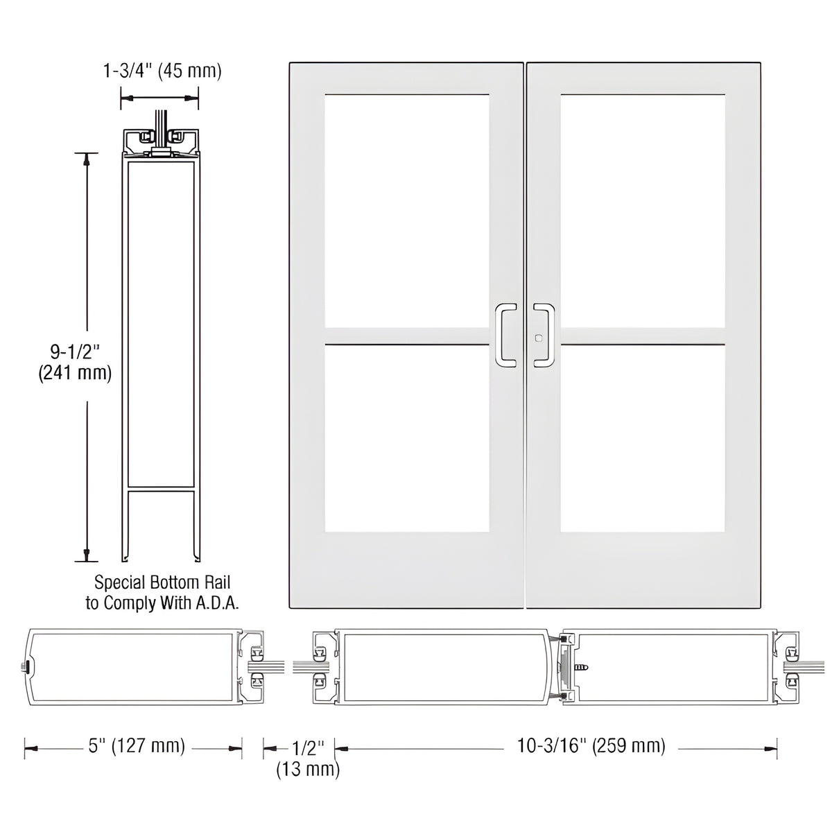CRL-U.S. Aluminum White KYNAR® Paint Custom Pair Series 550 Wide Stile Center Pivot Entrance Doors With Panics for Overhead Concealed Door Closers