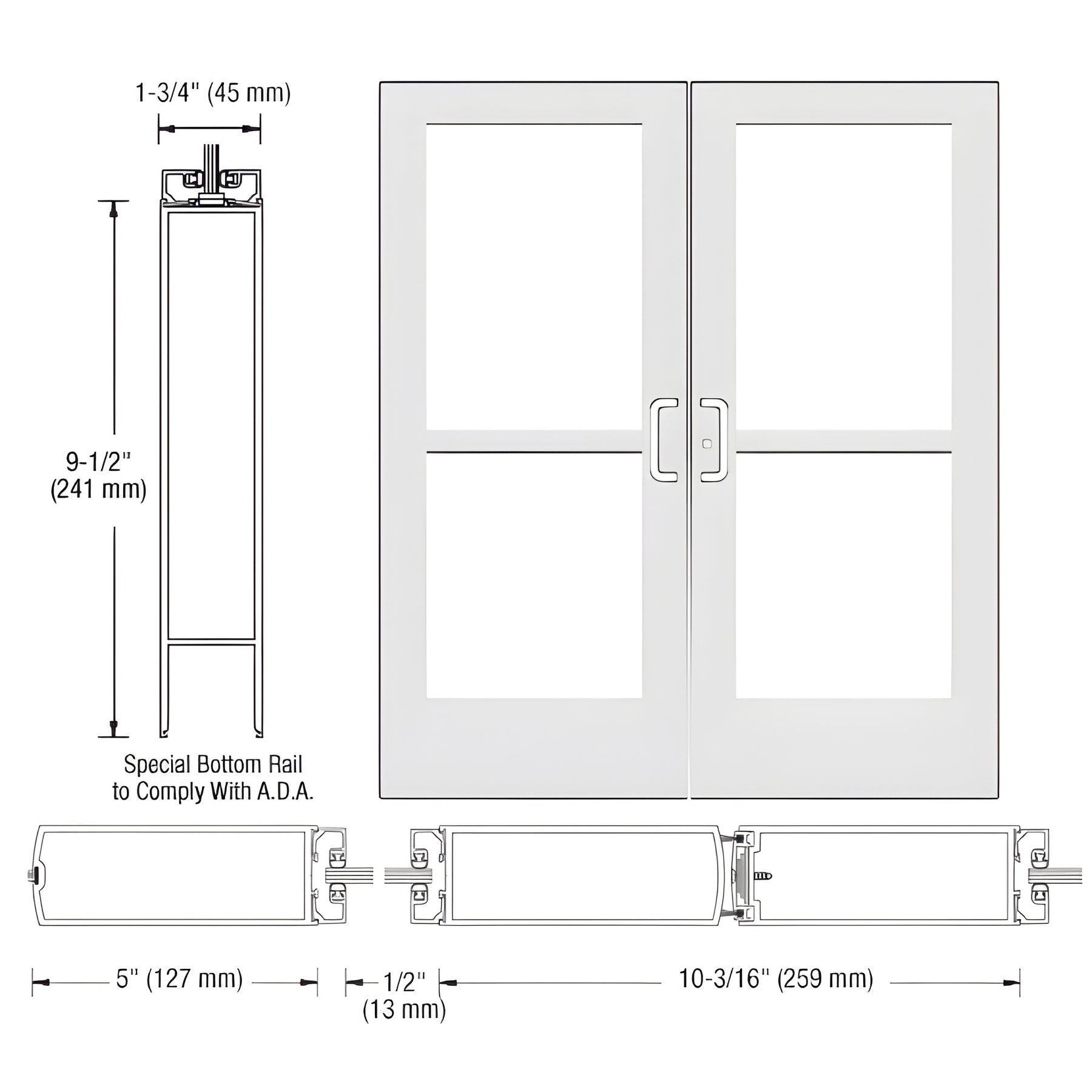 CRL-U.S. Aluminum White KYNAR® Paint Custom Pair Series 550 Wide Stile Center Pivot Entrance Doors With Panics for Overhead Concealed Door Closers
