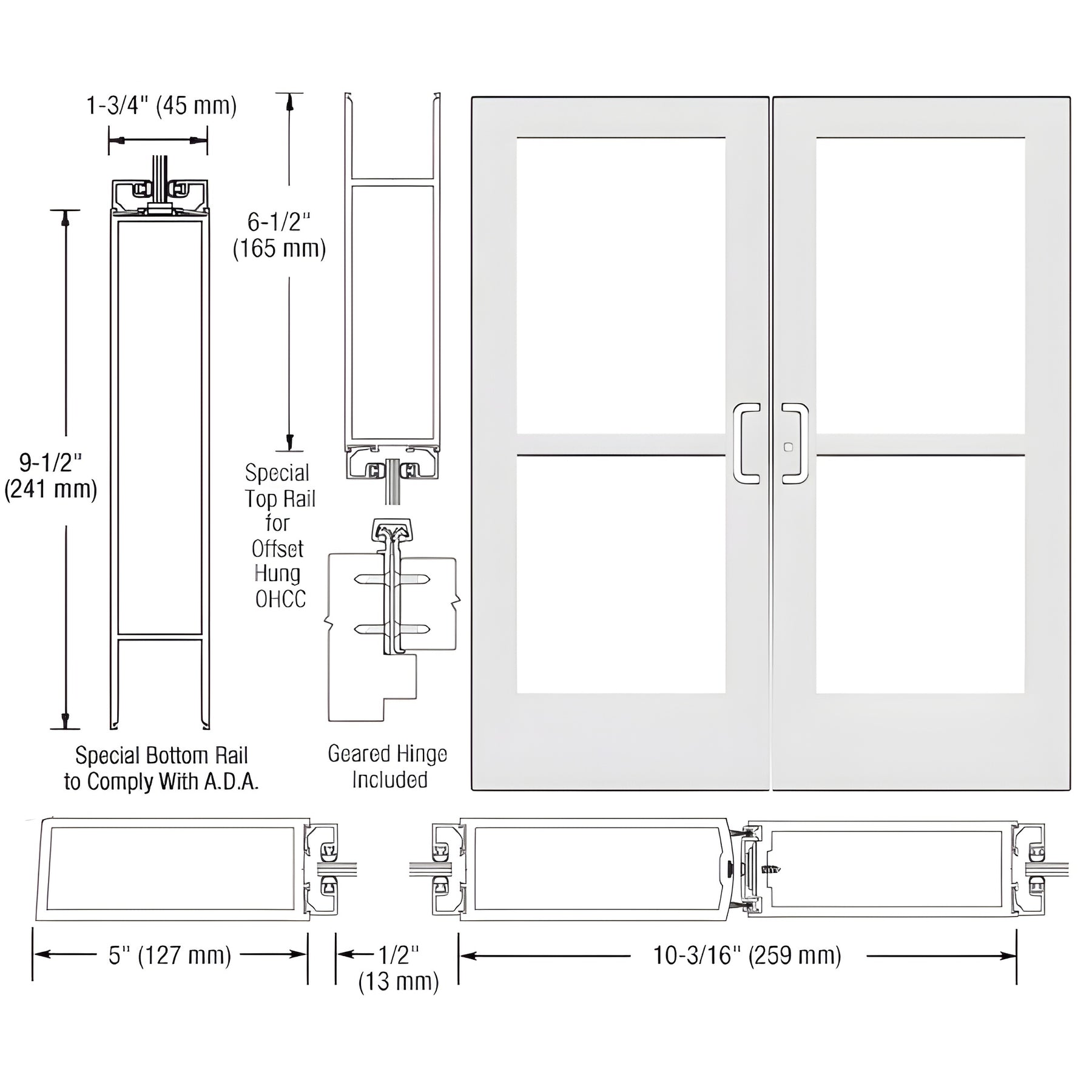 CRL-U.S. Aluminum White KYNAR® Paint Custom Pair Series 550 Wide Stile Geared Hinge Entrance Doors With Panics for Overhead Concealed Door Closers